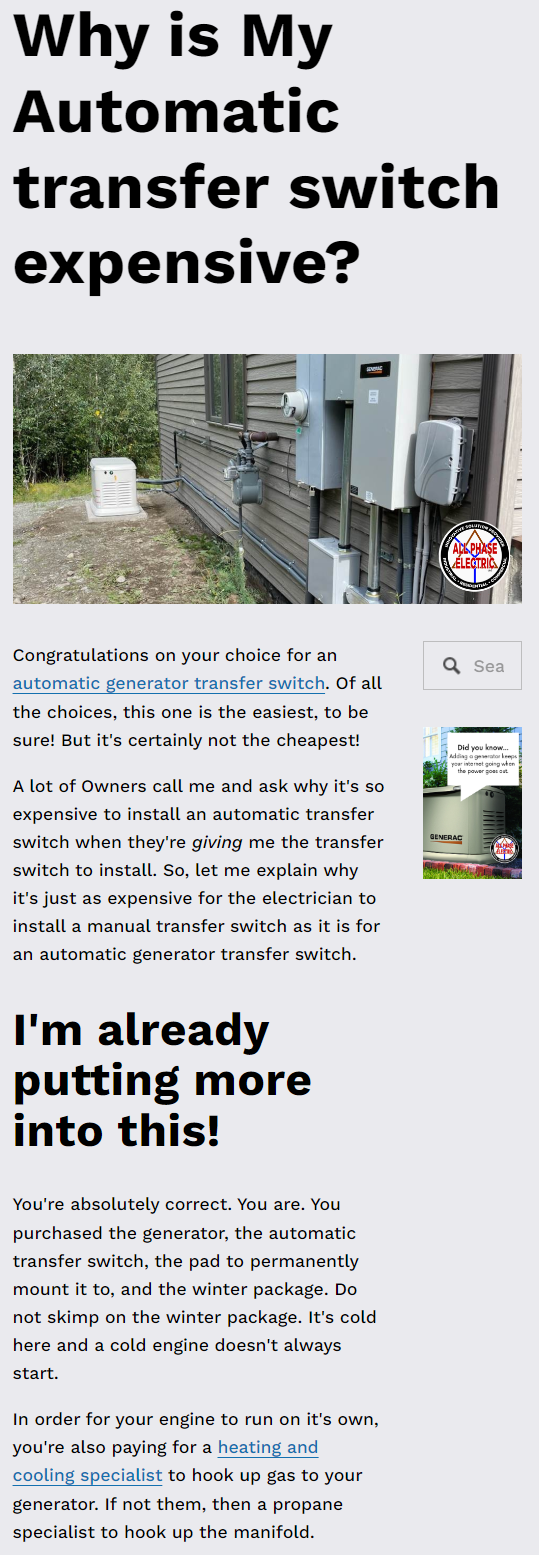 Blog post published by All Phase Electric, discussing why an automatic generator transfer switch can get so expensive.