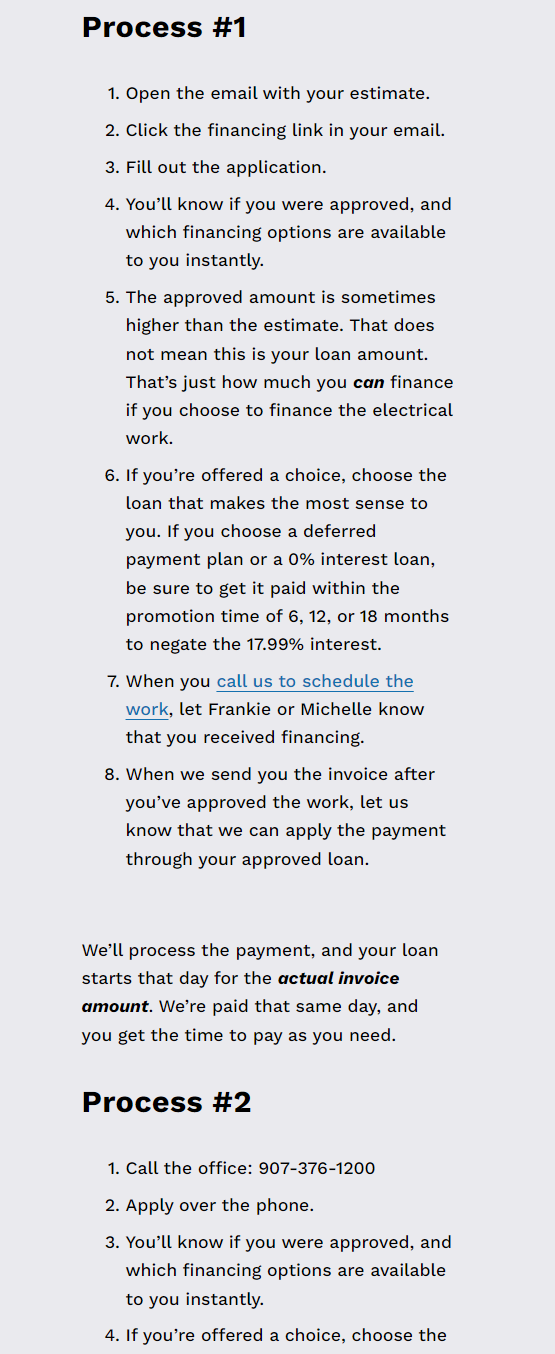 post of All Phase Electric showing action content by explaining how to apply for financing through their system.