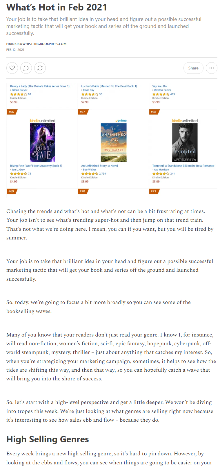 Screenshot of attraction blog post about what books were hot and trending in February 2021, which Real Indie Author used to attract authors who were looking to create books quickly.