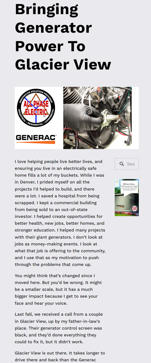 Post showcasing All Phase Electric's affinity content where they share the story of saving a generator in Glacier View.