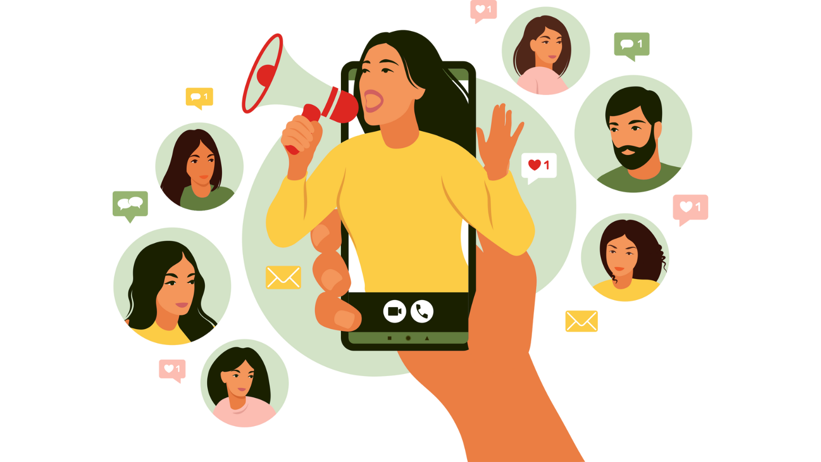 Illustration of a person holding a smartphone and speaking through a megaphone, surrounded by social media profile icons, messages, and notifications.