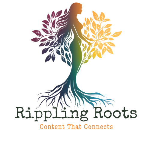 A stylized female figure with tree branches and roots forming her body, colored in gradient shades, with leaves extending from her arms, and the text "Rippled Roots" with the tagline "Content That Connects" underneath.
