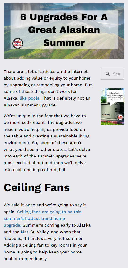 Screenshot of attraction content marketing blog post about 6 upgrades for a great Alaskan summer which All Phase Electric used to attract home buyers in need of upgrading their home.
