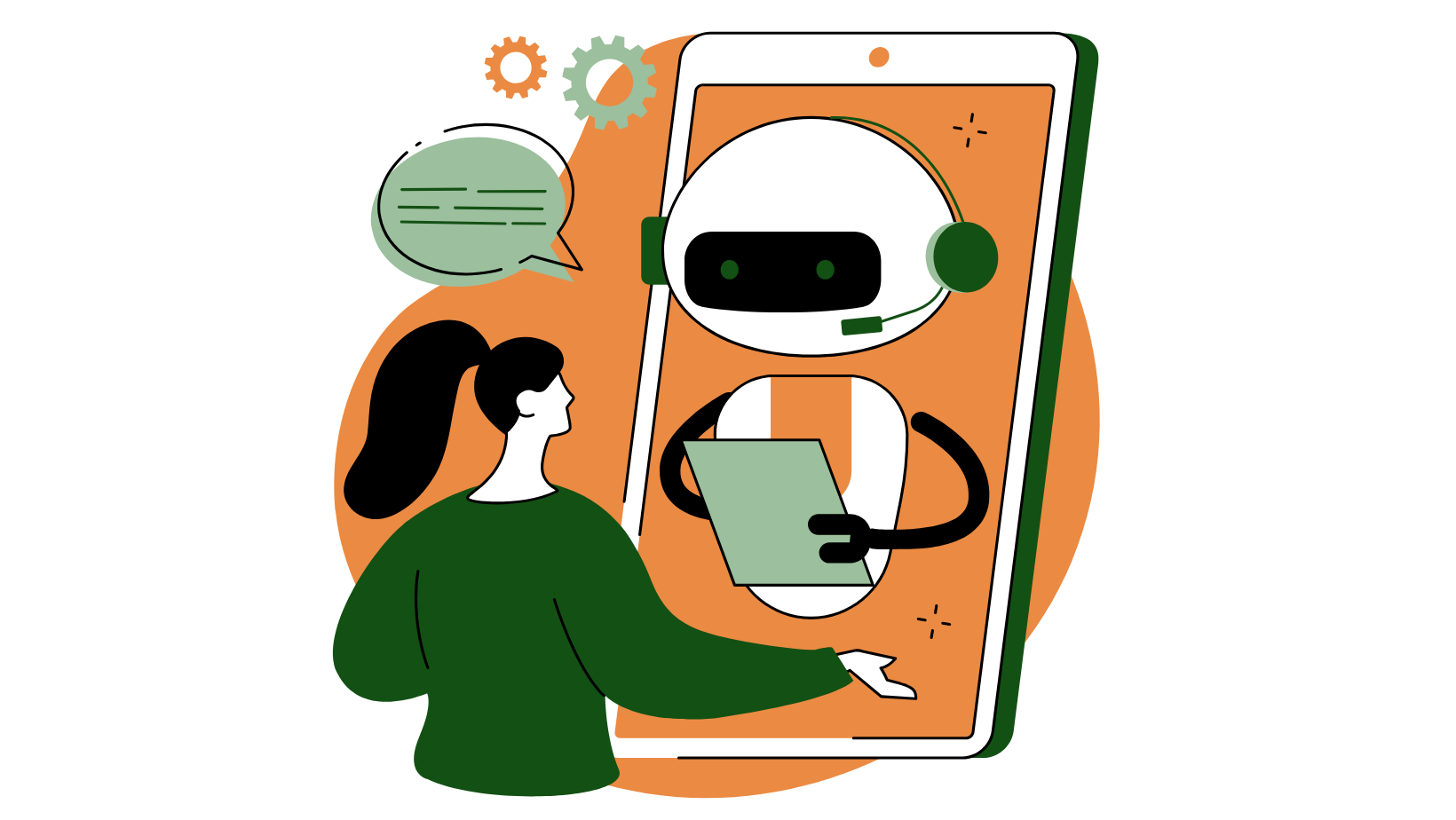 Illustration of a woman talking to a robot on a smartphone. The robot has a headset and displays on the phone screen, with gears and a speech bubble nearby.