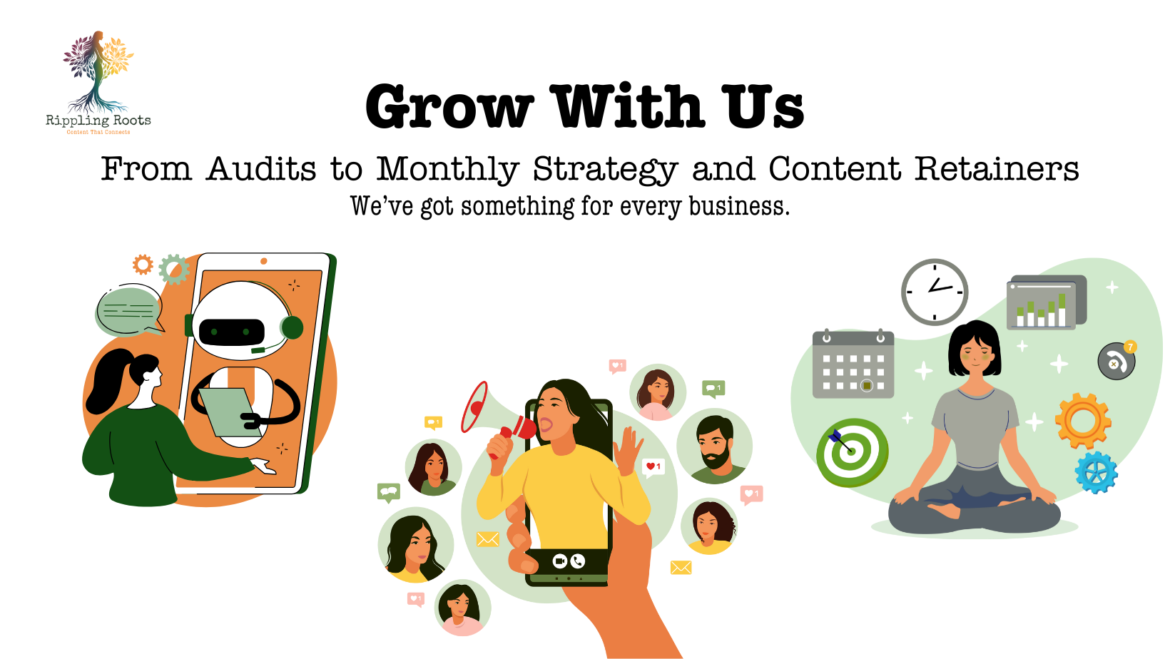 Graphic for Rippling Roots promoting business growth strategies like audits, content retention, social media engagement, and mindfulness, featuring illustrations of a woman with a megaphone, a woman meditating, and a chatbot.