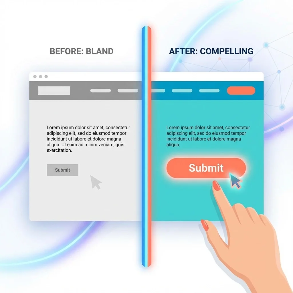 before shot of site is grey and bland, after shot is colorful and compelling with a strong CTA