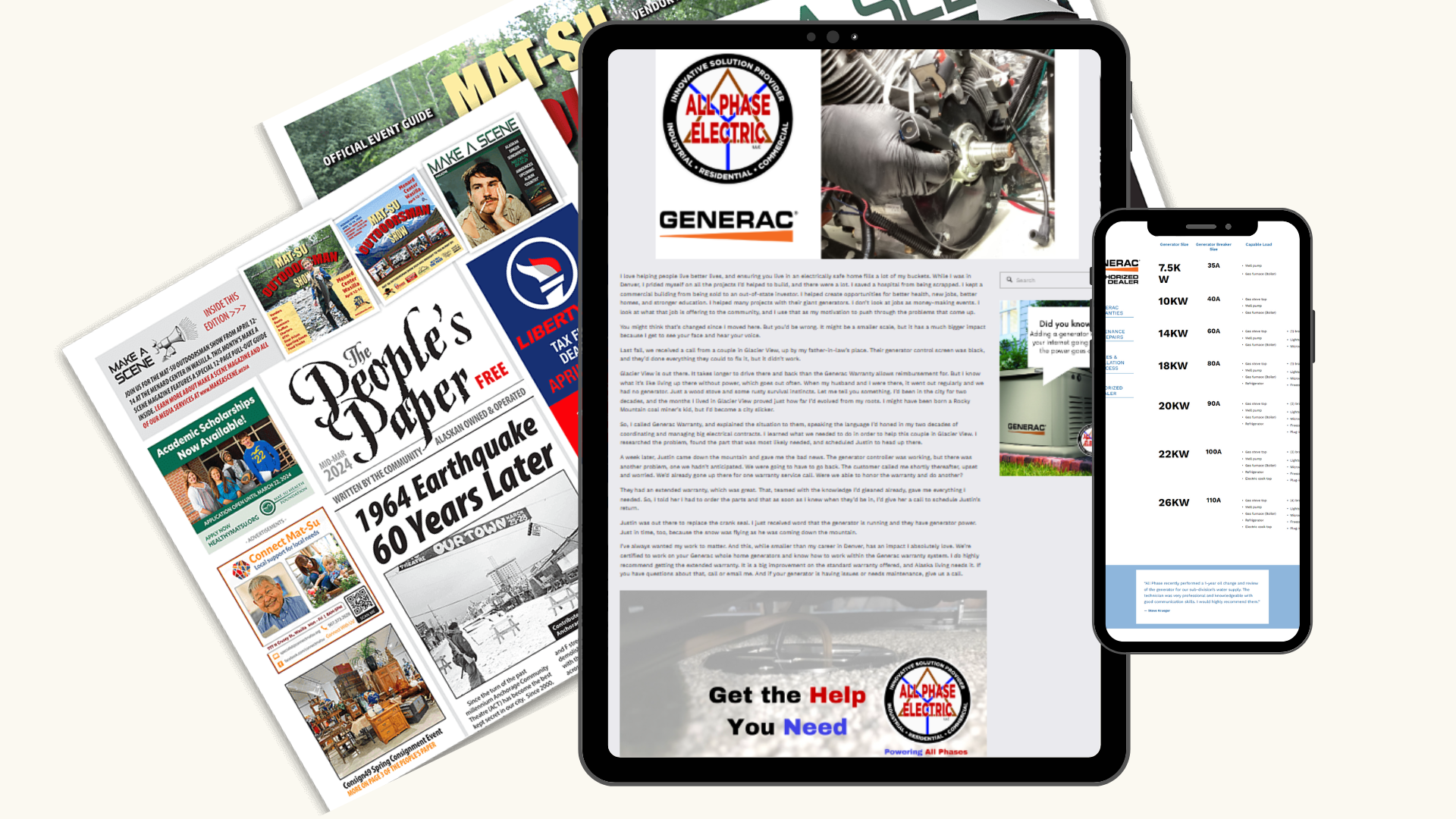 A digital screen showing an article about a generator repair, with a person's hand working on the device, and texts 'GENABAC' and 'ALL PHASE ELECTRIC'. Another mobile device displays a chart of generator sizes and wattages. In the background, there are a magazine and a newspaper with headlines about local events, including a 1964 earthquake anniversary.