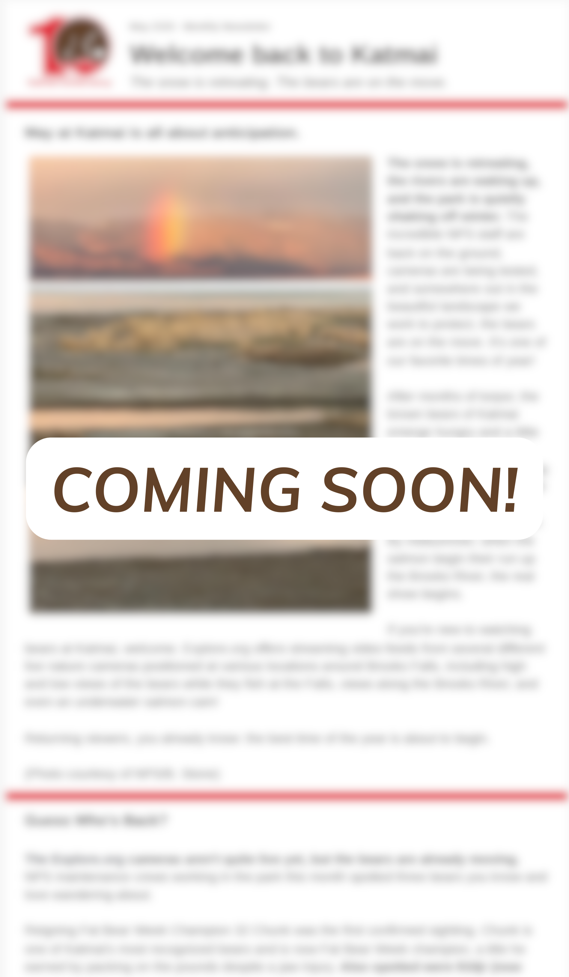 A blurred webpage announcement with a large "Coming Soon!" banner overlay, indicating a new section or feature is upcoming.