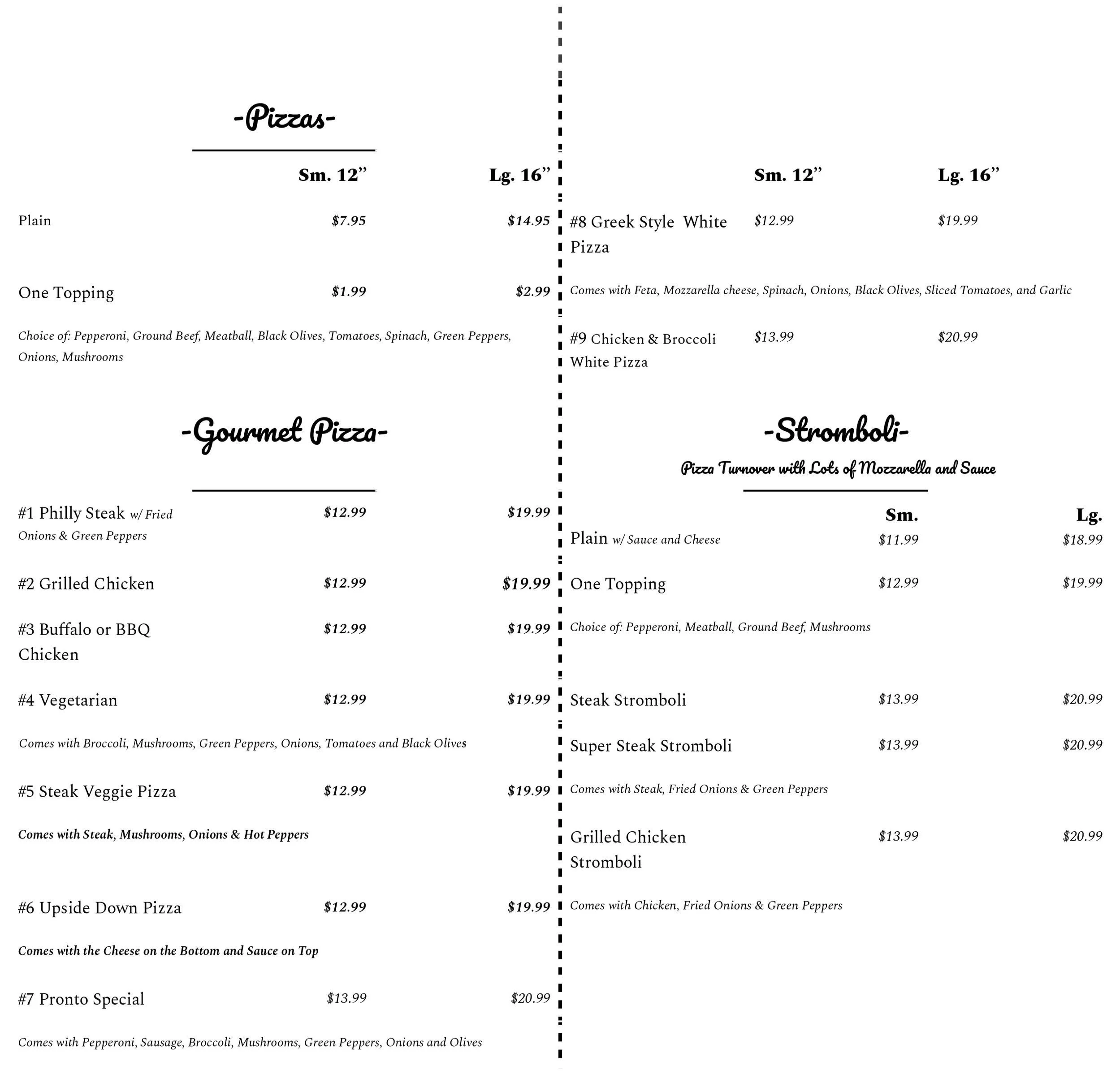 Menu — Pronto Pizza