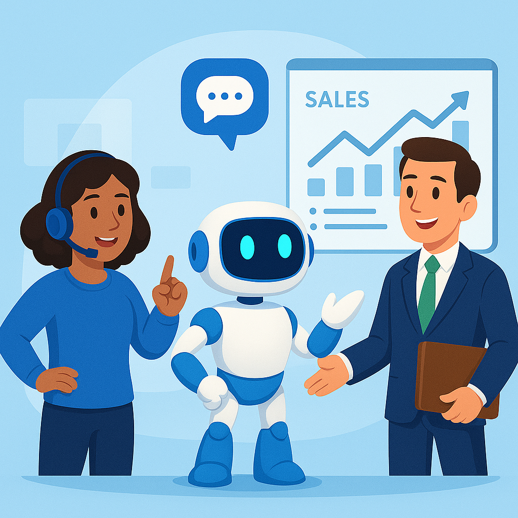 A female customer service representative with a headset, a smiling male businessman in a suit holding a folder, and a friendly robot standing together in a business meeting. Background features a sales graph and a speech bubble.
