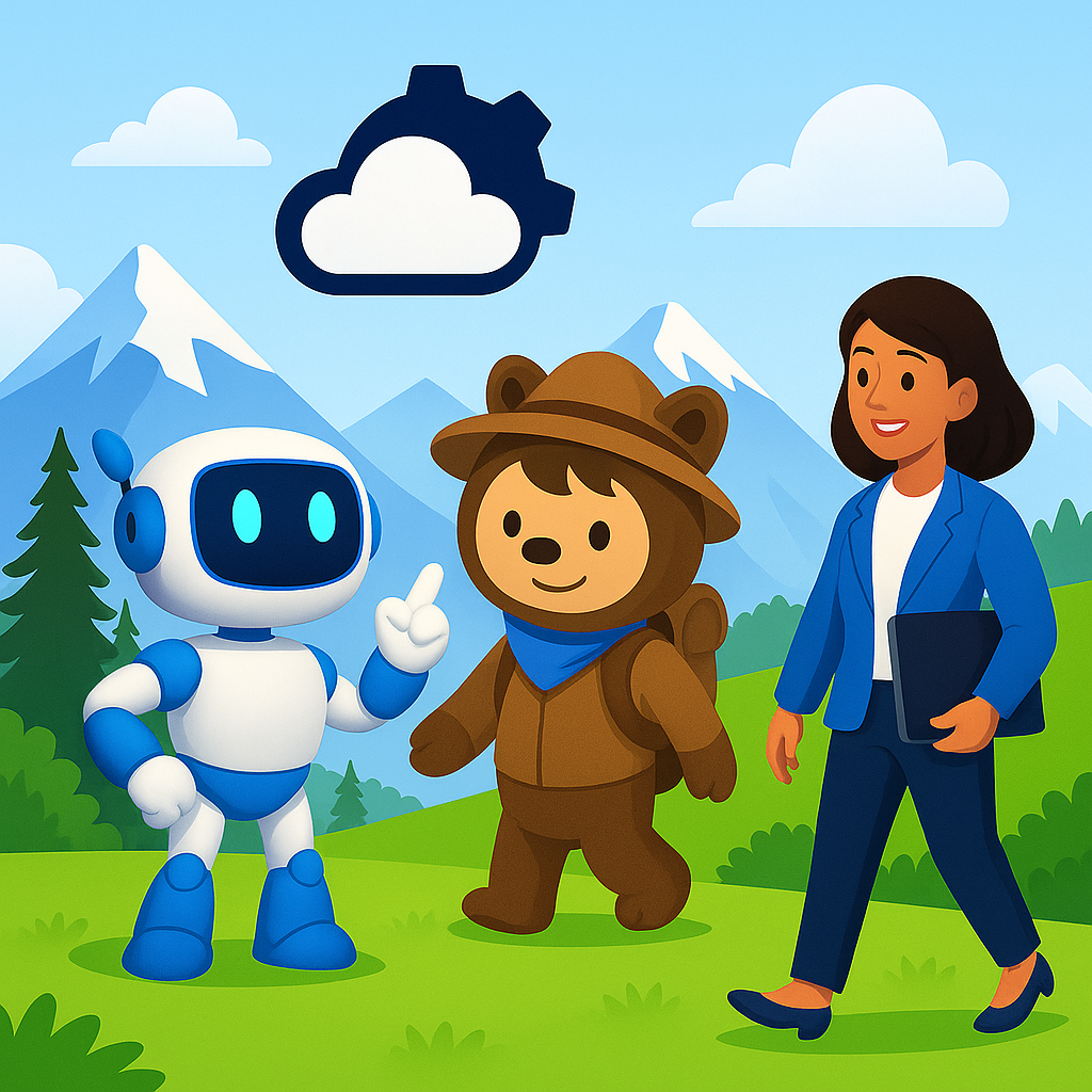 A cartoon of a robot, a bear dressed as a hiker, and a woman walking outdoors with mountains, trees, blue sky, and clouds in the background.