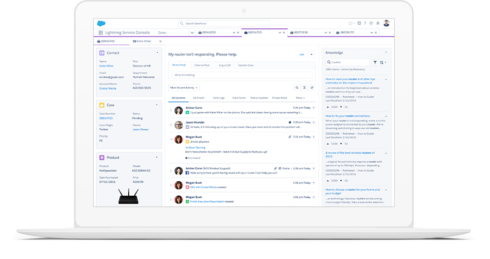 Laptop screen displaying a Salesforce Lightning Service Console dashboard with contact, case, and product information, as well as recent activity and knowledge articles.