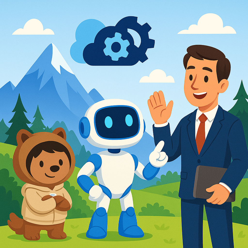 A cartoon illustration of a man in a suit, a robot, and a bear character standing outdoors with mountains, trees, and clouds in the background. The man is waving, holding a tablet, the robot is smiling, and the bear is wearing a hoodie with a cute expression.