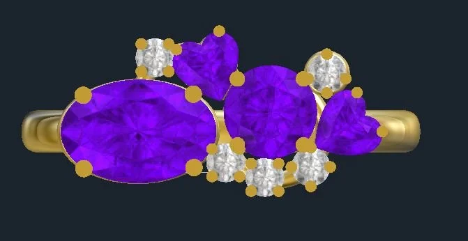 Computer drawing of an amethyst and diamond ring set in yellow gold, various shapes of stones 