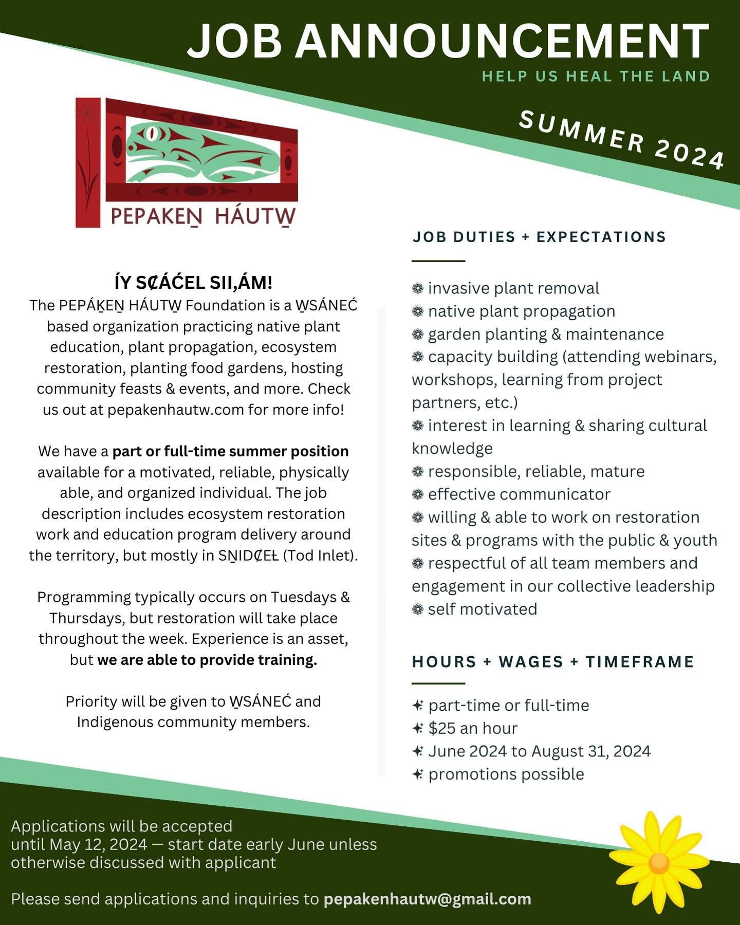 We are excited to offer one part-time or full-time position for the summer of 2024! ☀️🌿

Are you passionate about ecosystem restoration? Do you want to learn more/share about Indigenous knowledge and ways of being on the land?

Work with us! We are 