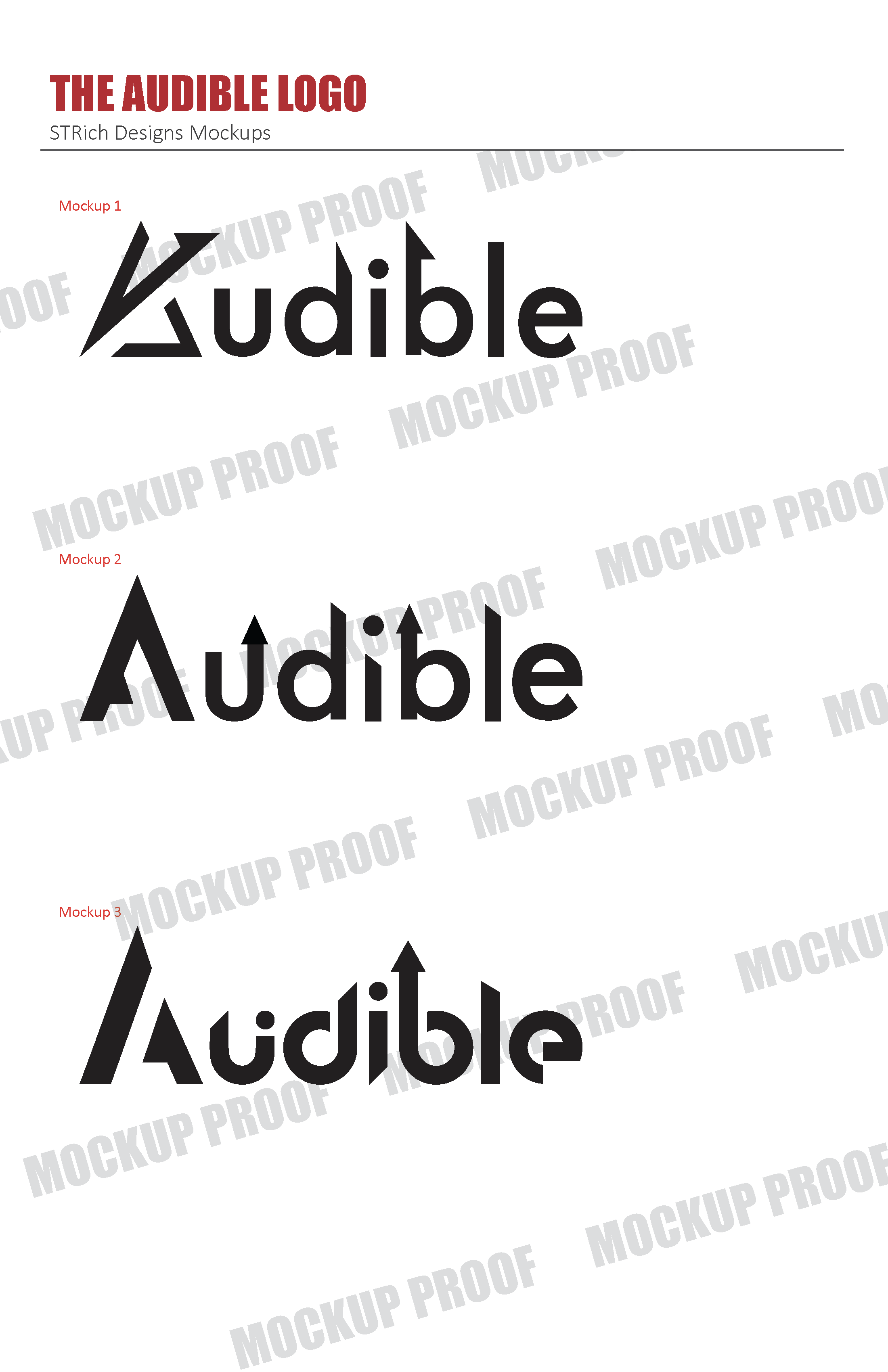 Three different logo mockups for 'The Audible Logo' showing variations in typography and design with a lightning bolt element, labeled Mockup 1, 2, and 3.
