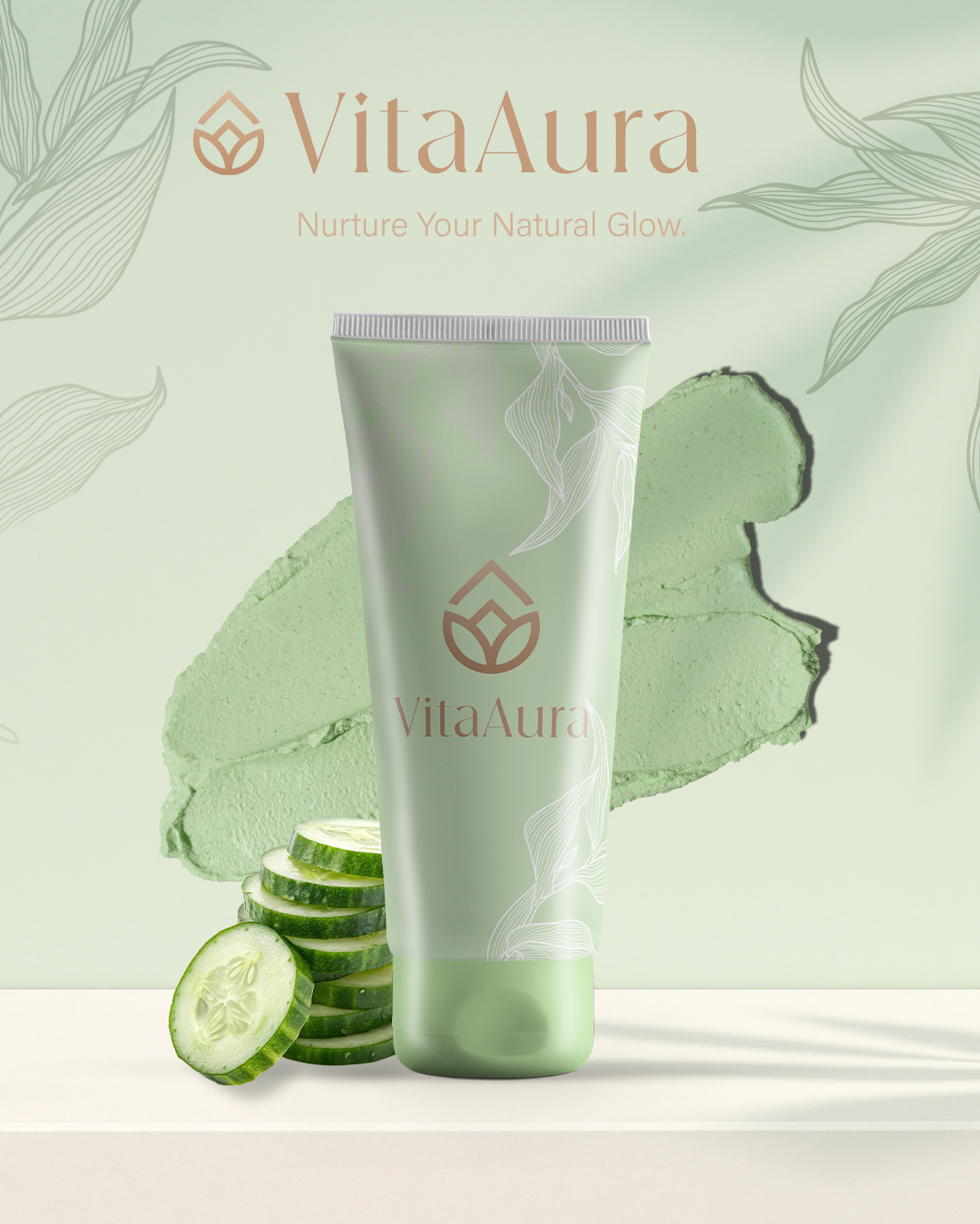A tube of VitaAura skincare product with cucumber slices in front, a leafy background, and the brand's logo and name on the tube.