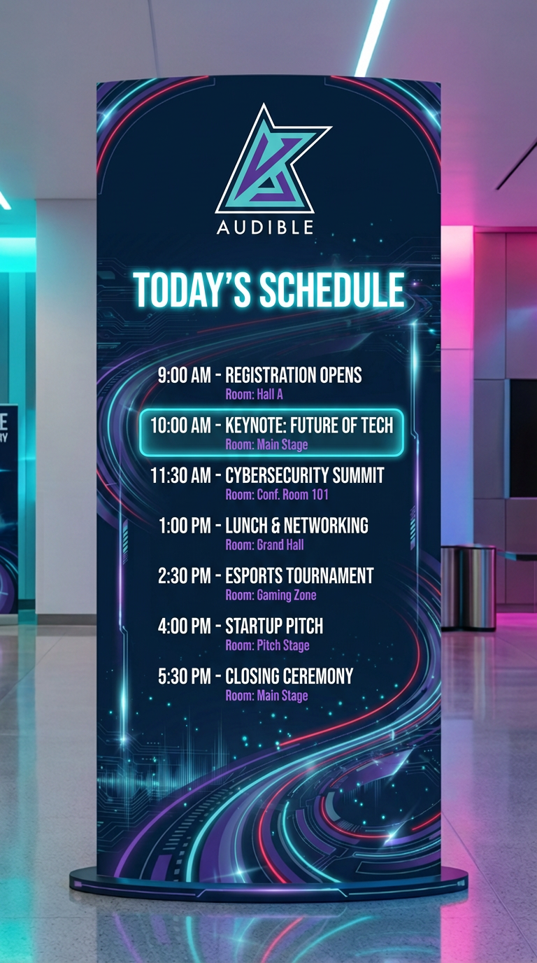 Digital event schedule board with a futuristic design, displaying the day's agenda with times, titles, and room locations for a tech conference.
