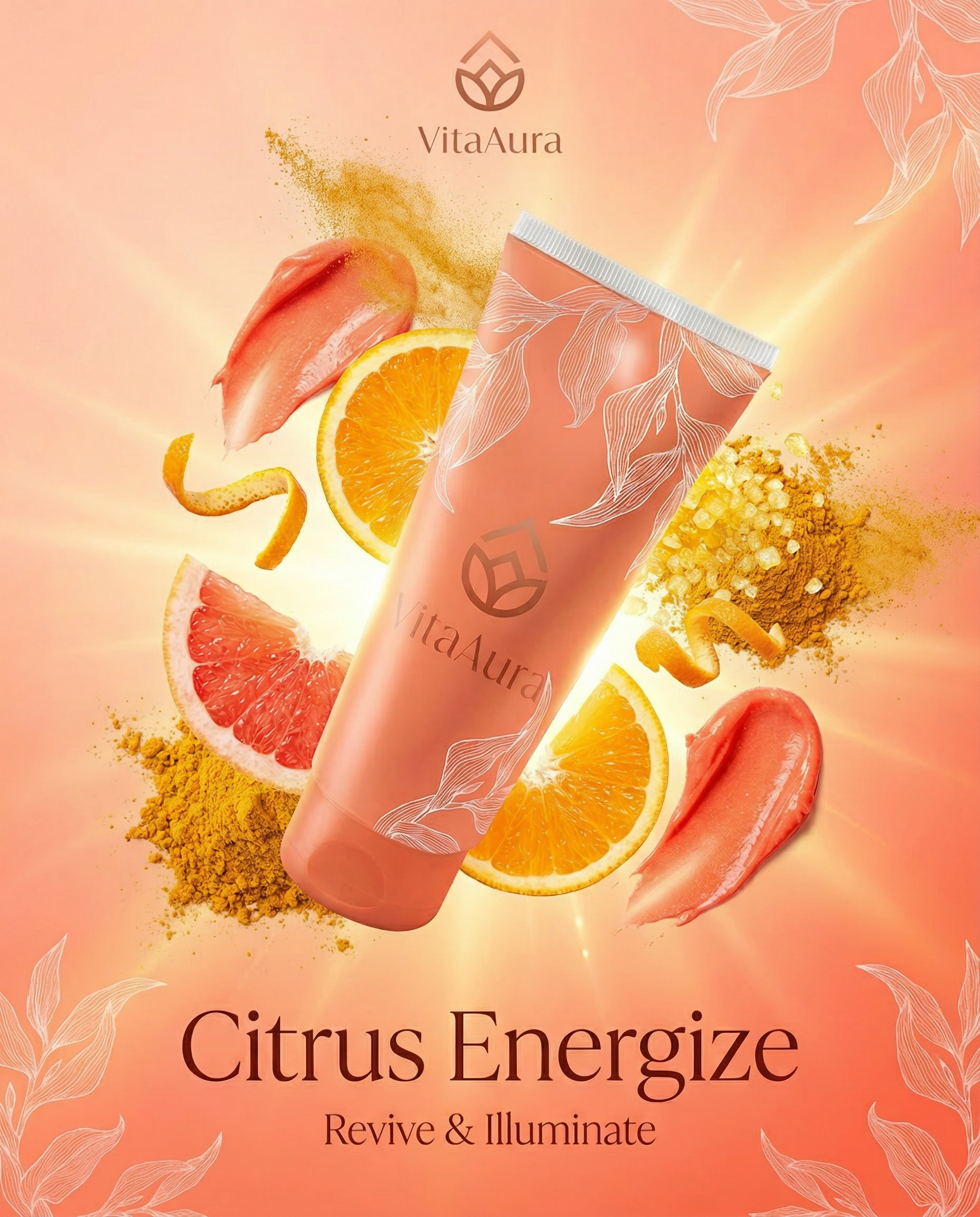 A pink tube with white leaf designs and the label 'VitaAura' is centered with slices of citrus fruits including orange, grapefruit, and lemon surrounding it, along with powder and peel fragments, set against a warm pink and peach background with abstract leaf illustrations. The text 'Citrus Energize Revive & Illuminate' is at the bottom.