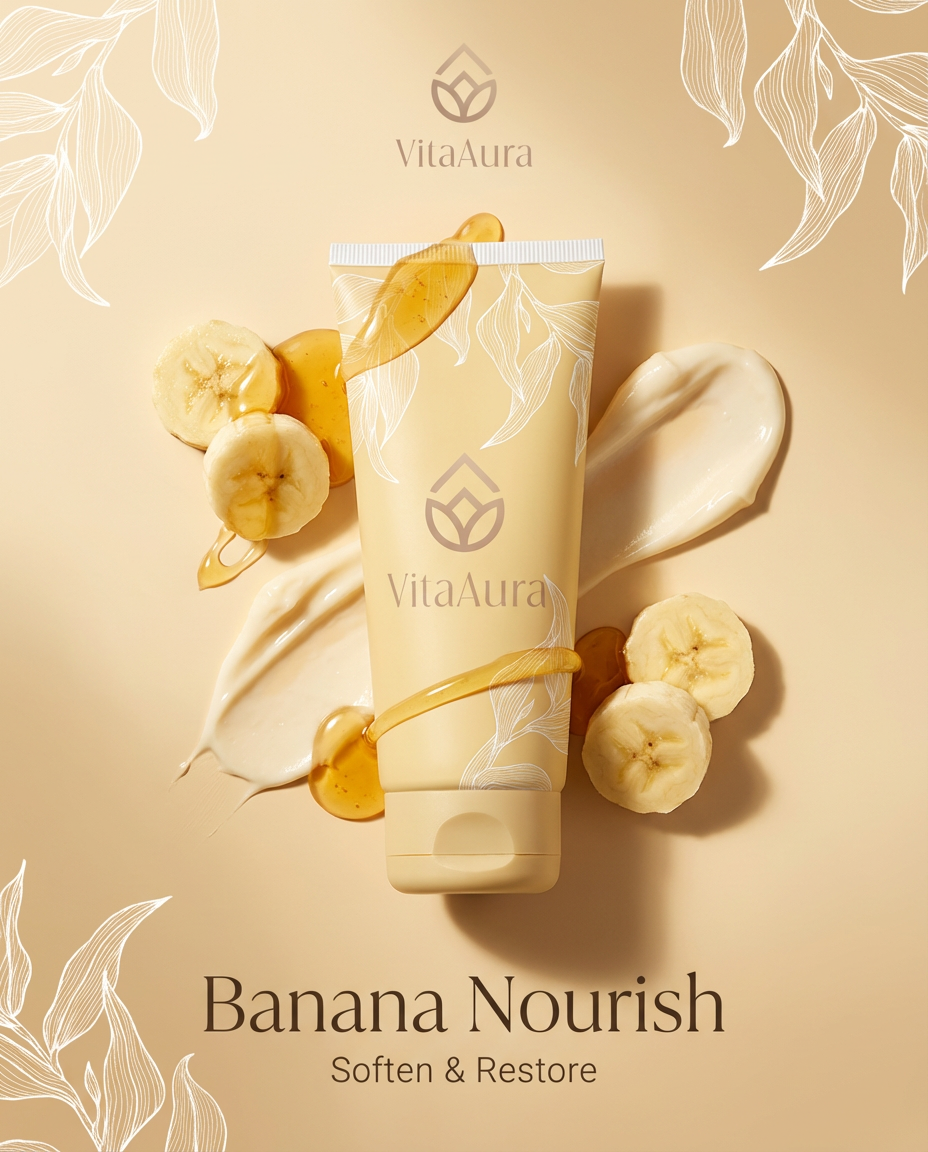 A tube of VitaAura Banana Nourish cream surrounded by banana slices, cream, and honey on a beige background with white leaf outlines.