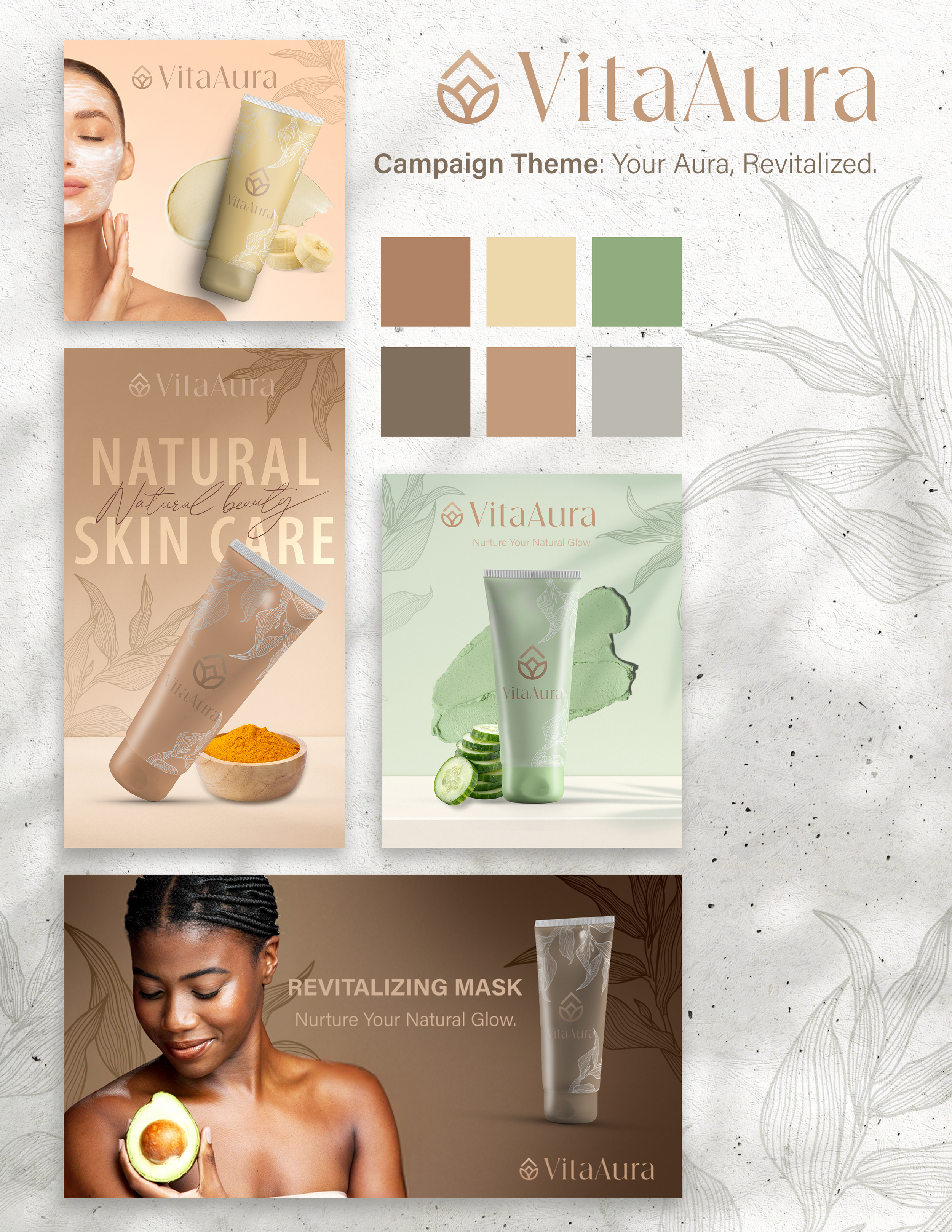 VitaAura skincare product advertisements featuring a woman with a face mask, a tube of skincare cream, turmeric powder, cucumber slices, and an avocado with a woman holding it, along with text highlighting natural skincare themes.