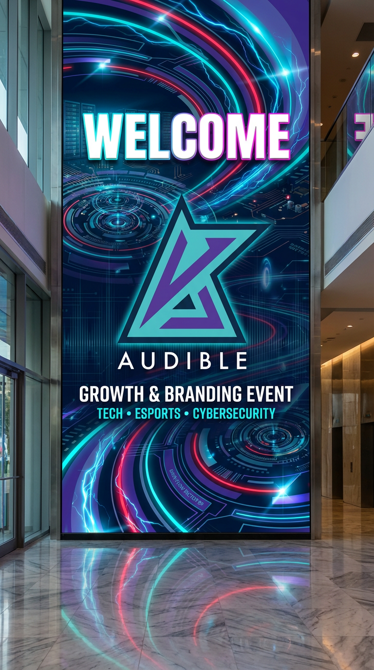 Digital signage inside a building welcoming visitors to an Audible growth and branding event focused on tech, eSports, and cybersecurity, with a futuristic design and vibrant neon colors.