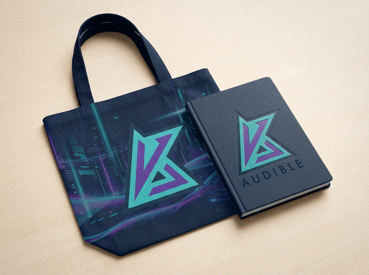 A tote bag and a notebook, both featuring the Audible logo, placed on a light wooden surface.
