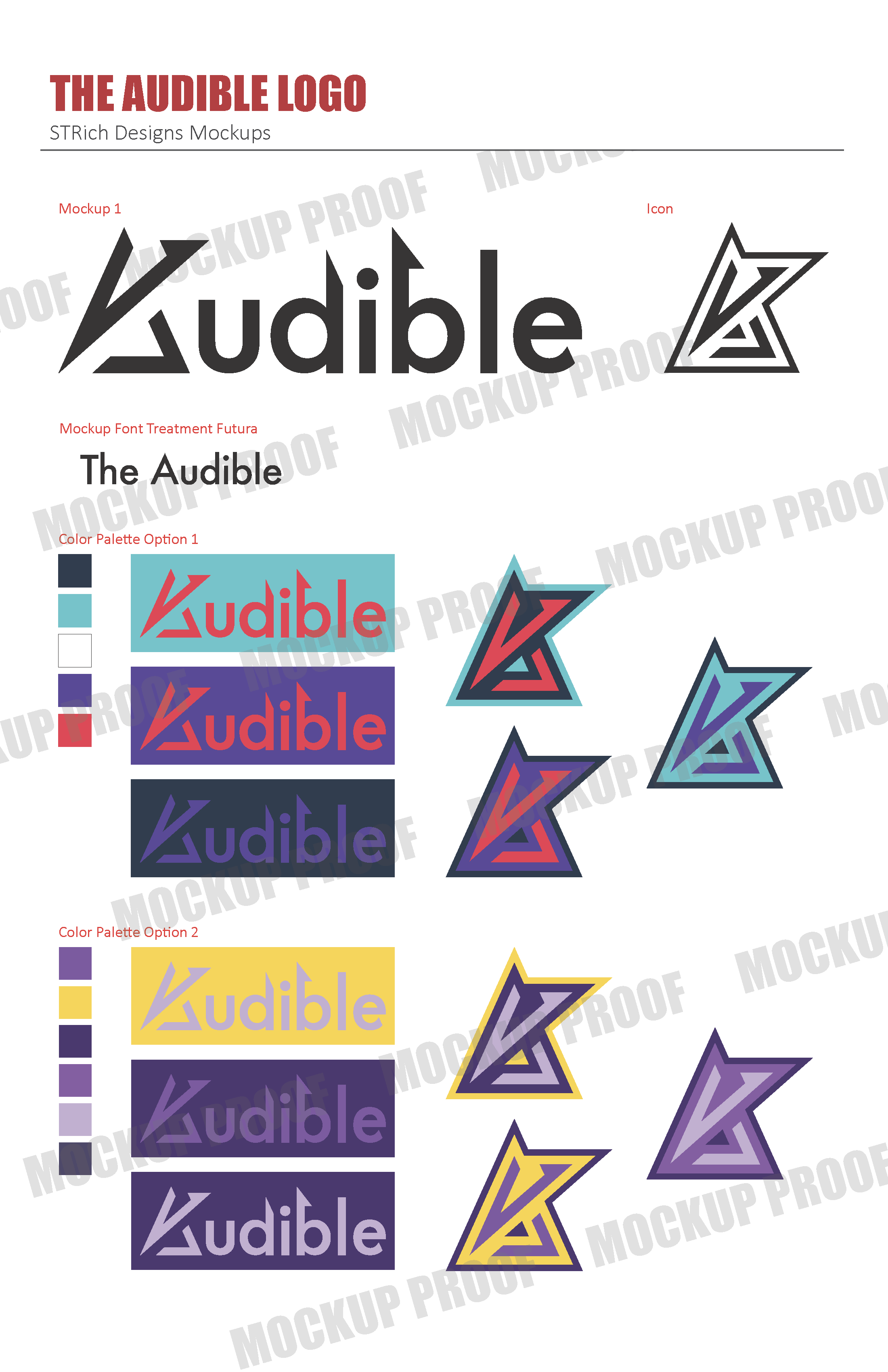 Mockup of logo design options with the brand name 'The Audible' in different color palettes, including stylized icon, font treatment, and mockups.