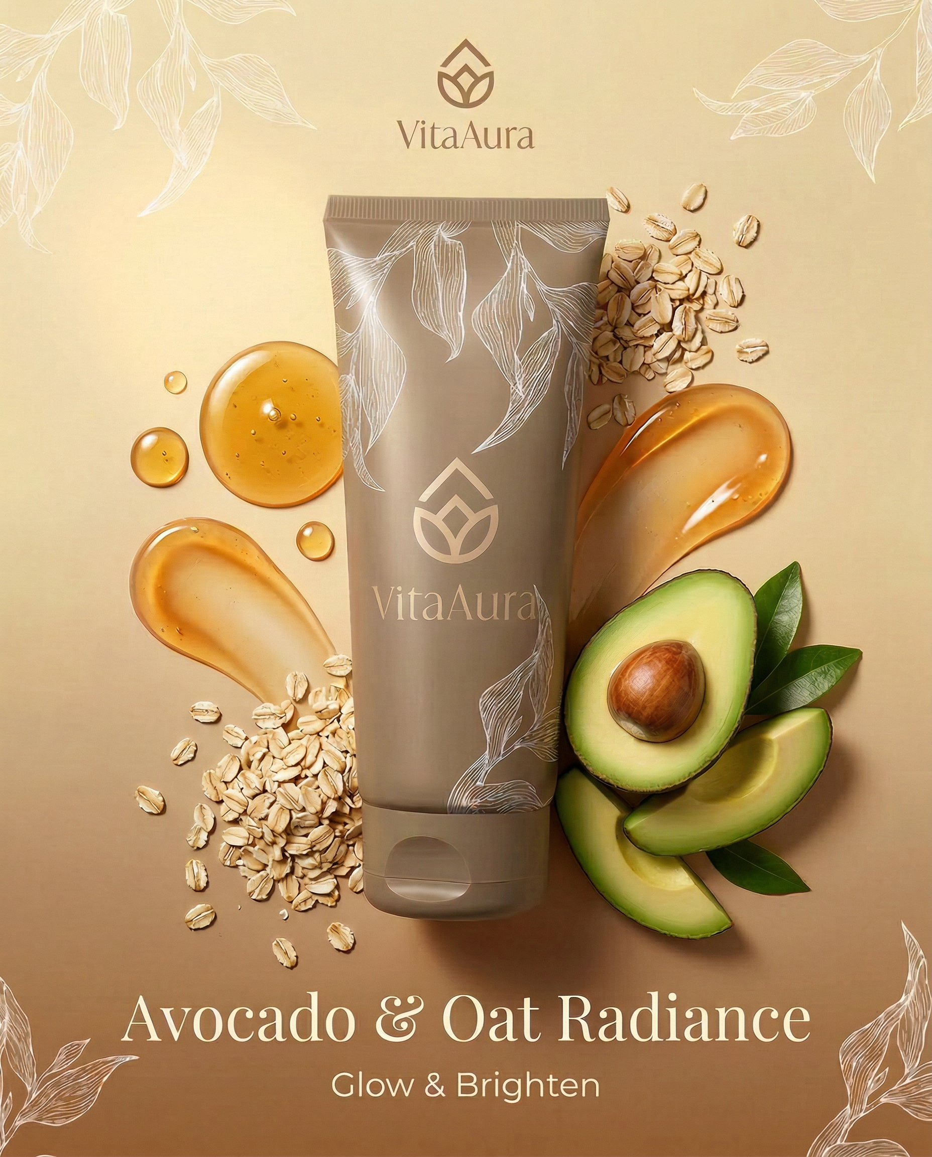 VitaAura skincare product tube surrounded by avocado, oats, and honey droplets, on a gold background with botanical accents, with text reading "Avocado & Oat Radiance, Glow & Brighten."