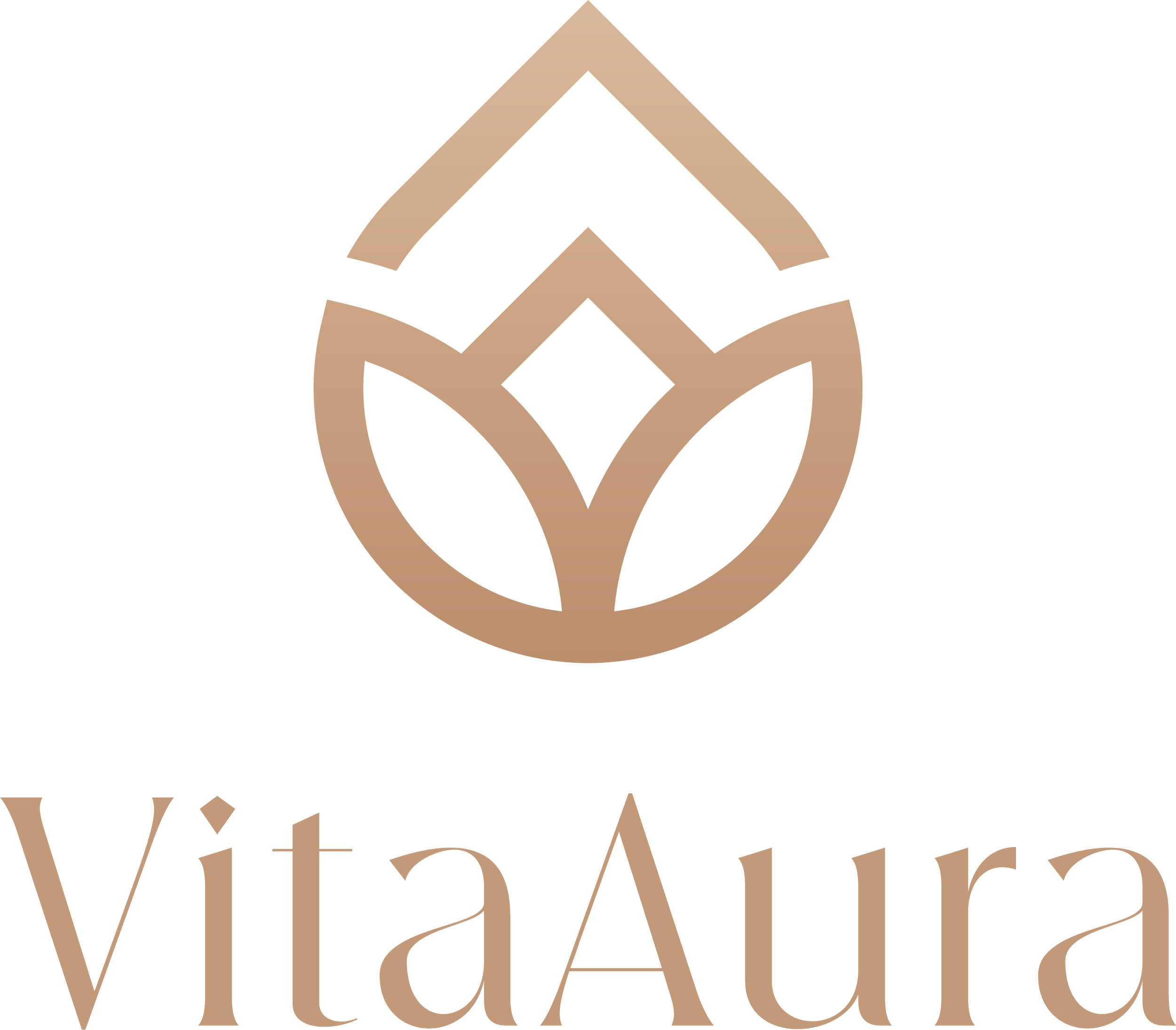 A logo featuring a stylized flower with geometric shapes above the text "VitaAura" in tan color.