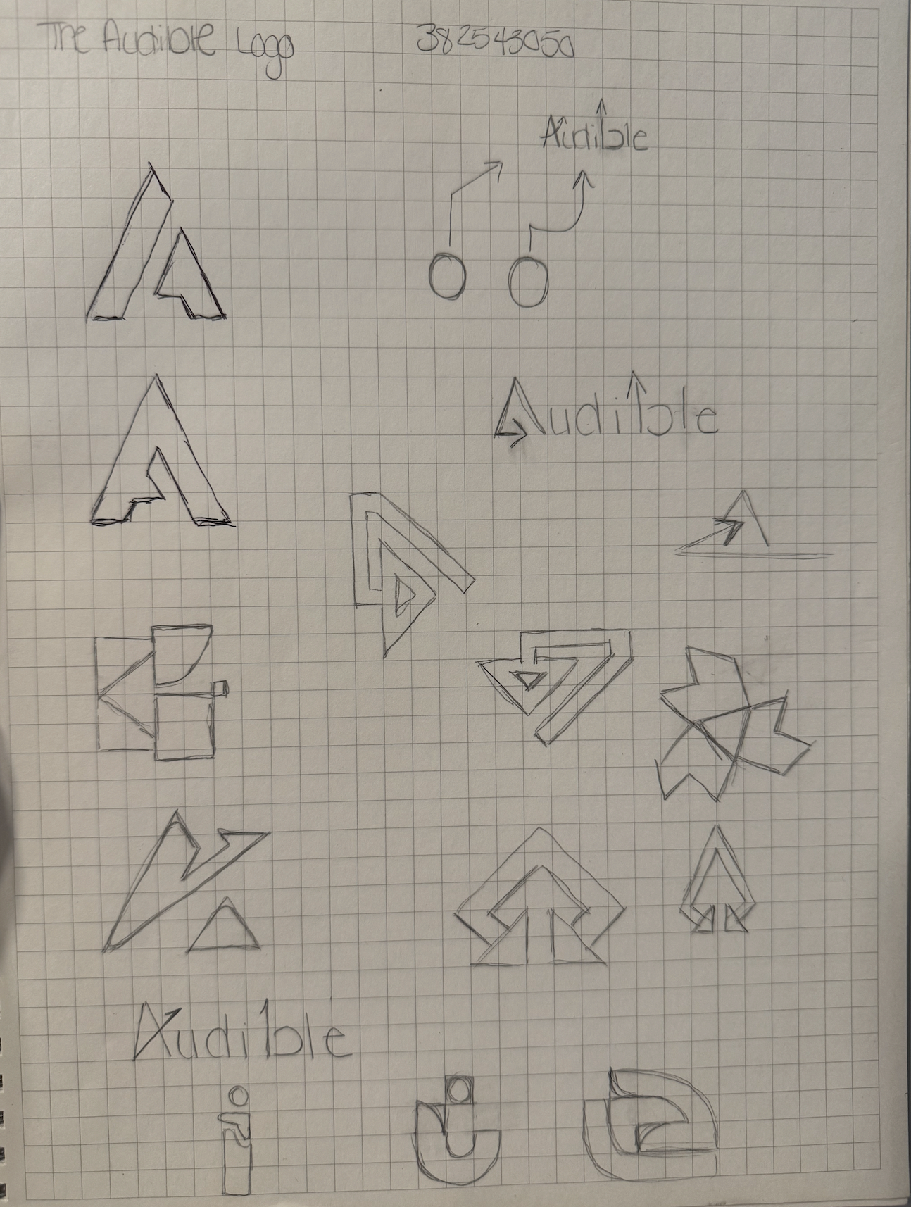 Various sketches of the Audible logo, including different stylized and abstract versions, with the word 'Audible' written in different styles. There are also some small icons and arrows.