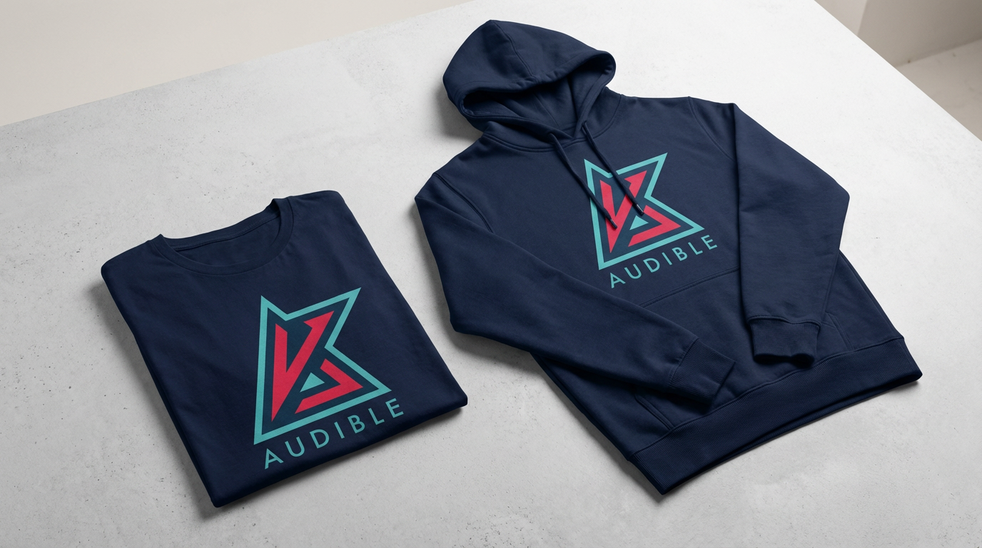 Two navy blue clothing items with the Audible logo, a stylized star with the word "AUDIBLE" underneath, placed on a light gray surface. One is a folded t-shirt, and the other is a hoodie with the hood up.