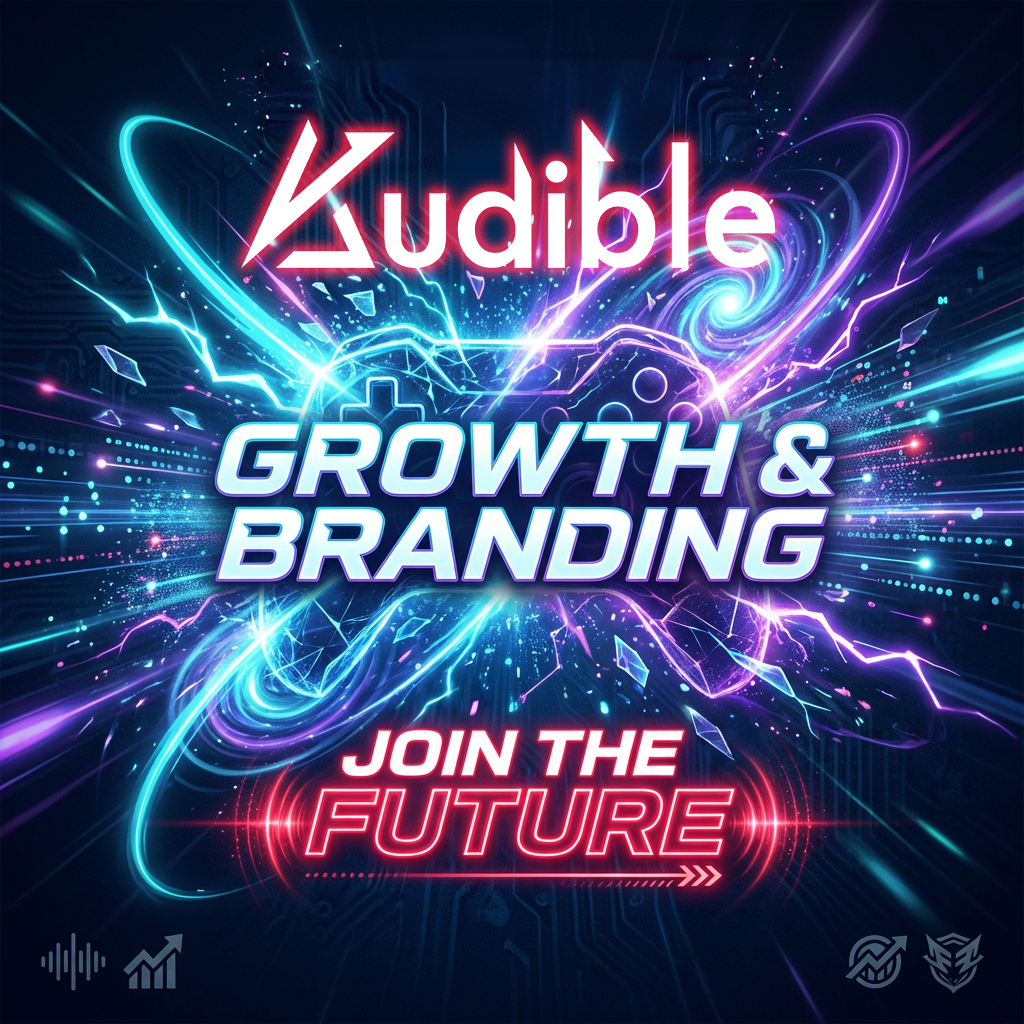 Neon-style digital artwork with the text 'Audible GROWTH & BRANDING' and 'JOIN THE FUTURE' set against a space-like background with lightning, circuit patterns, and glowing accents.