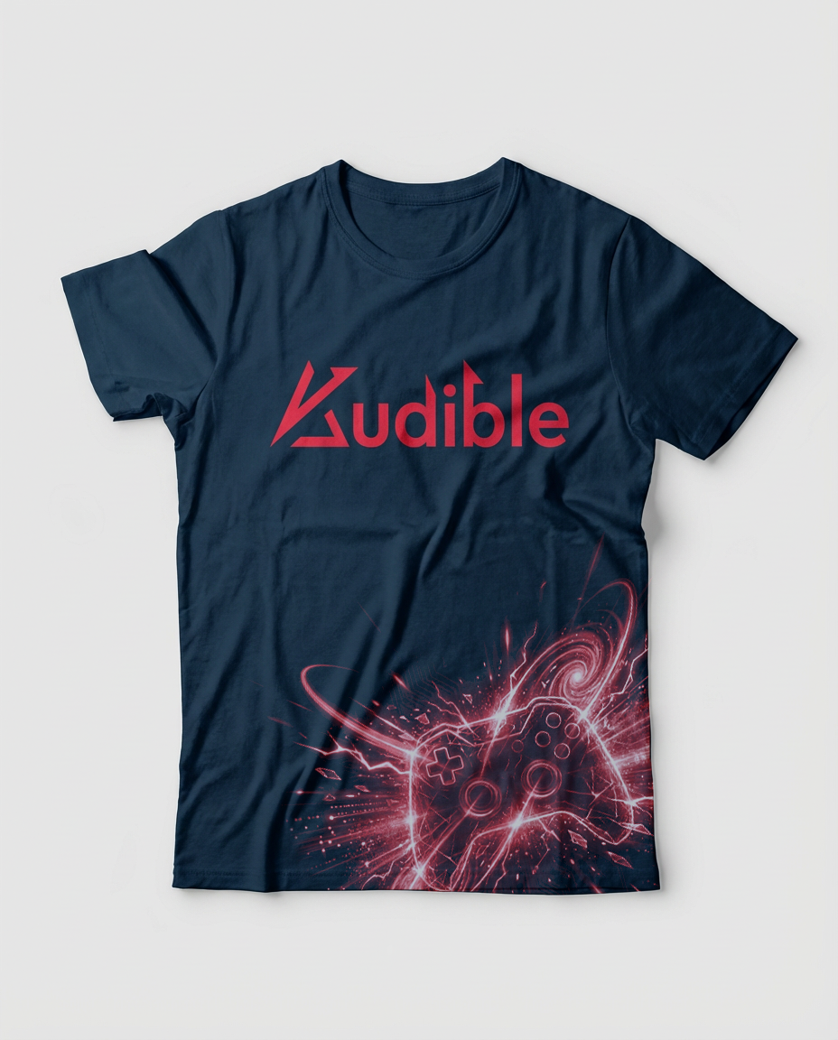 Dark blue T-shirt with red text that says 'Audible' and a graphic of a gaming controller with lightning effects.