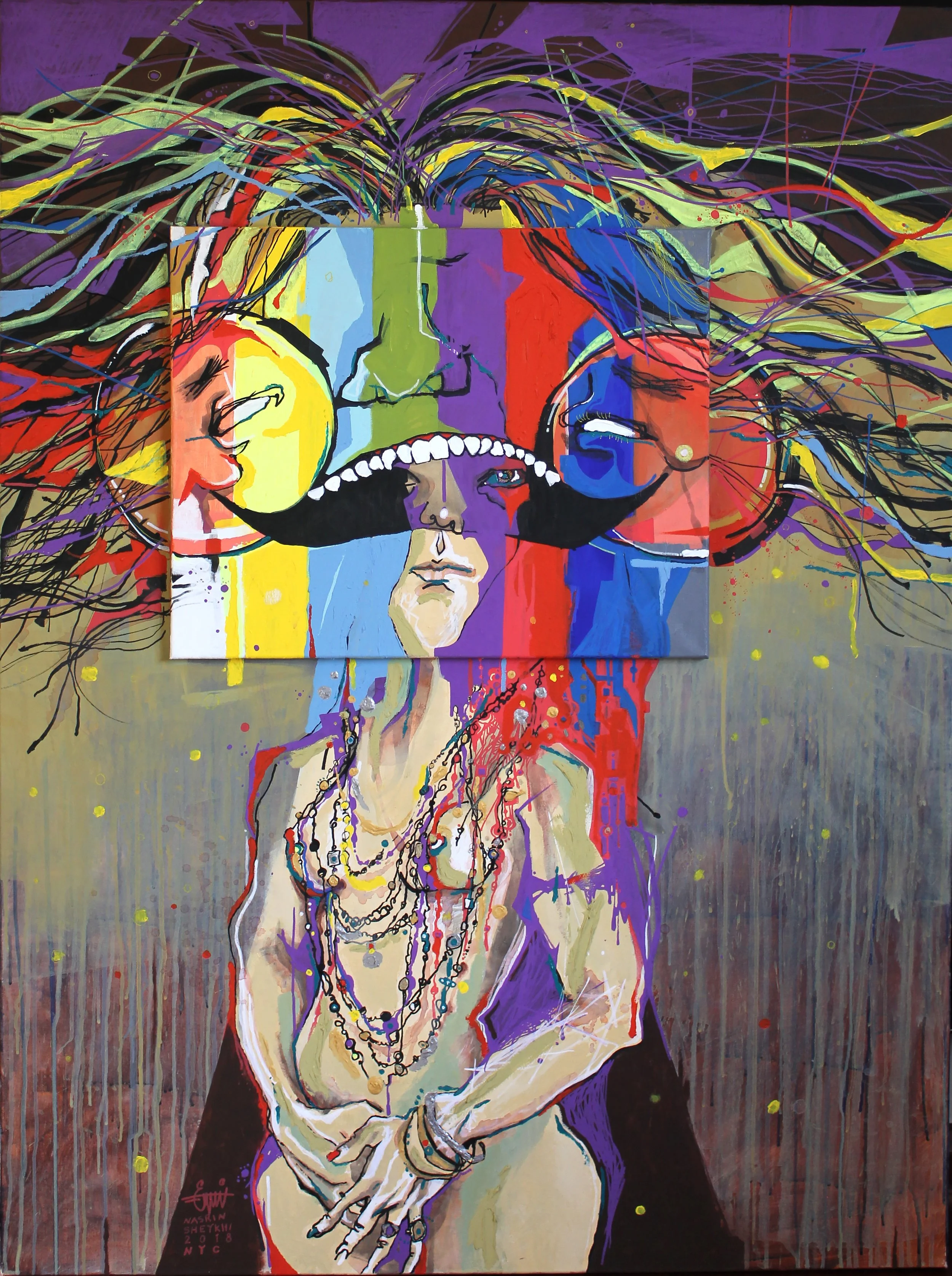 Janis Joplin #3, 2018, mixed media on canvas, 49x36, featured at Huffington post