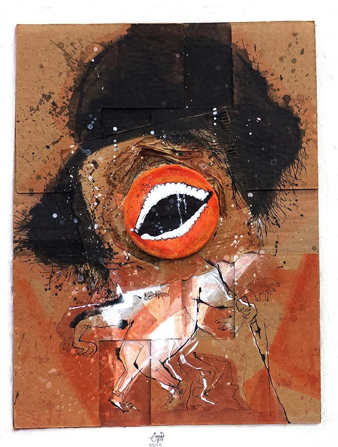 James Brown, 2018, acrylic/ cardboard/ ink on canvas, 20”x 24”, Featured at Fox5 news, Huffington post, brut.america,  