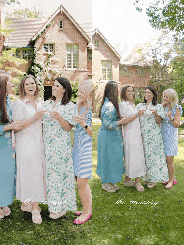 A group of five women standing outdoors in front of a brick house, sharing a toast and smiling, with the words 'the moment' on the left side of the image and 'the memory' on the right side.