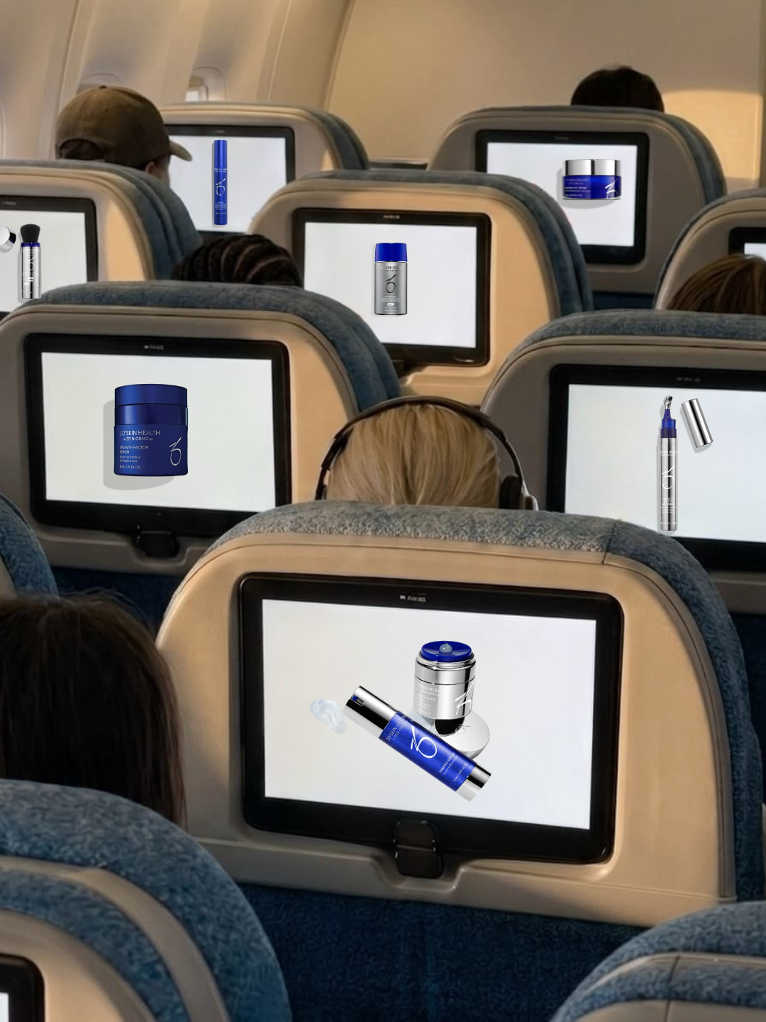 Airplane cabin with multiple in-flight entertainment screens displaying images of skincare products, including creams, serums, and jars.