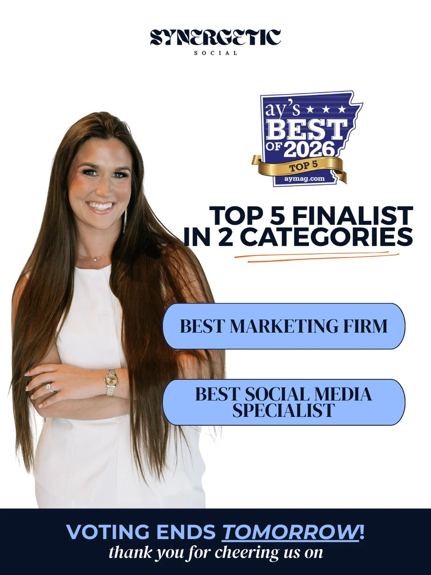 Voting ends tomorrow 🩵 We would be so honored to make it into the Top 3 for Best Marketing Firm &amp; Social Media Specialist in @ayisaboutyou&rsquo;s Best of 2026, &amp; it&rsquo;s all because of your incredible support! 

✨ You can vote through th