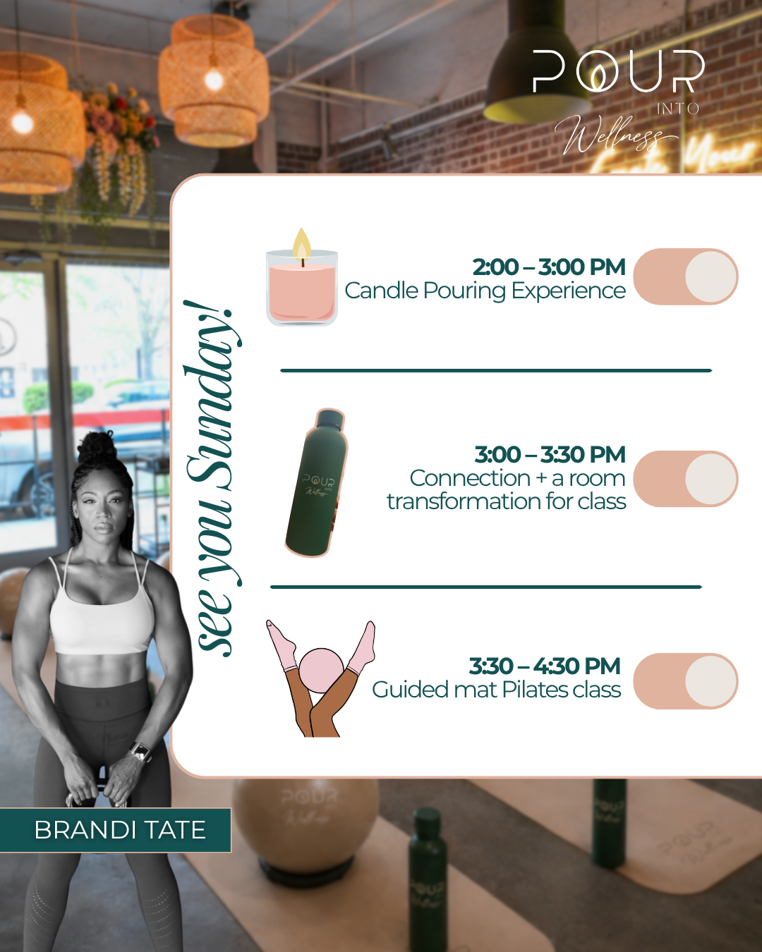 Schedule of wellness activities with icons, including candle pouring experience from 2:00 to 3:00 PM, connection and room transformation class from 3:00 to 3:30 PM, and guided mat Pilates class from 3:30 to 4:30 PM, with a woman in athletic wear and a background of a cozy, well-lit room.