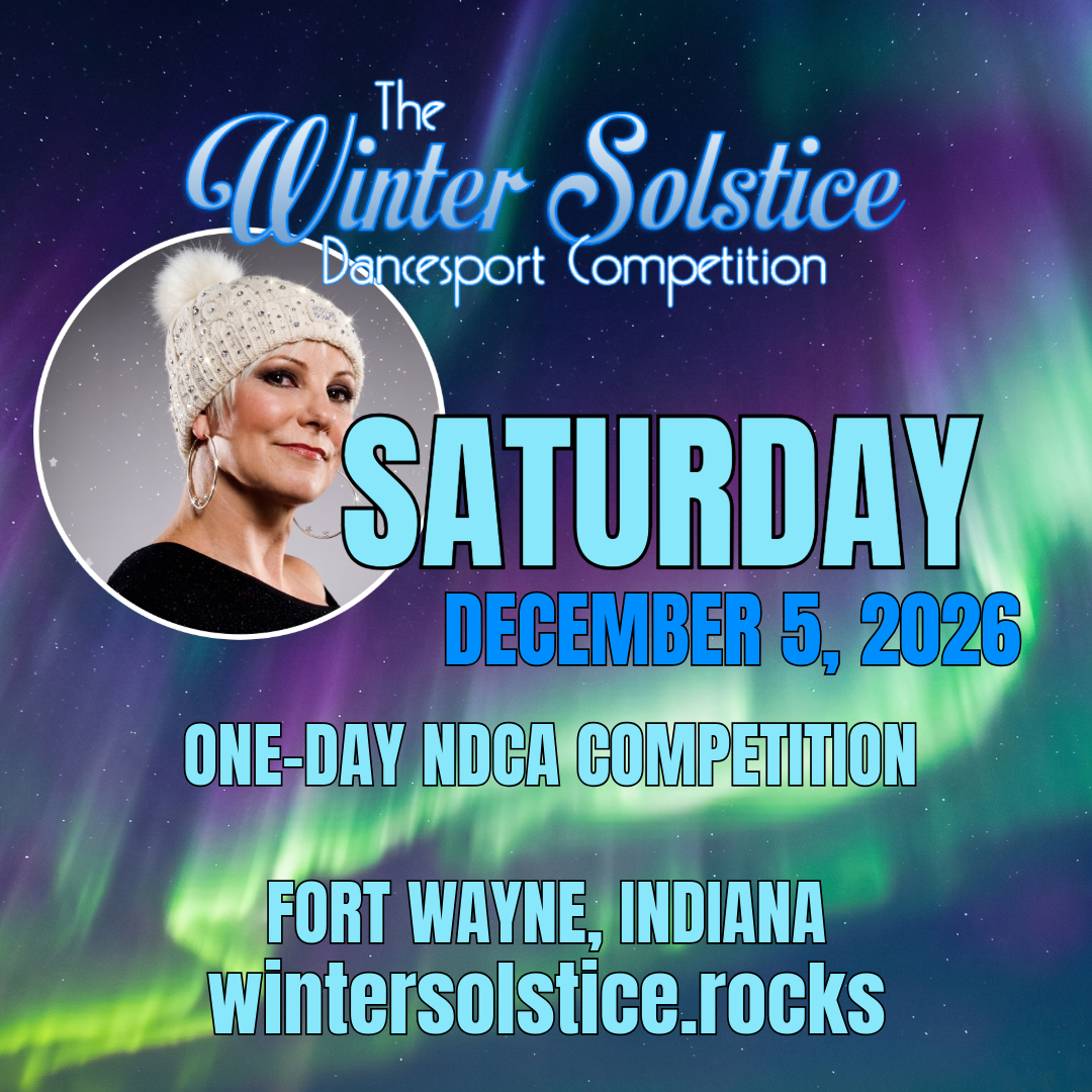 Promotional poster for the Winter Solstice DanceSport Competition, scheduled for Saturday, December 5, 2026, at Fort Wayne, Indiana. The poster features a woman wearing a knit hat with a pom-pom and an earring. The background depicts the northern lights in a starry night sky.