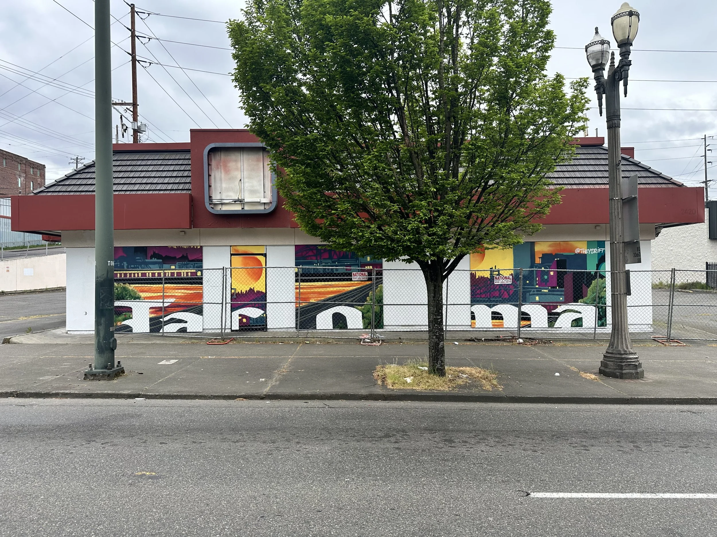 Tacoma United - for Spaceworks Tacoma. multiple sections of the abandoned jack in the box in Downtown Tacoma 2025