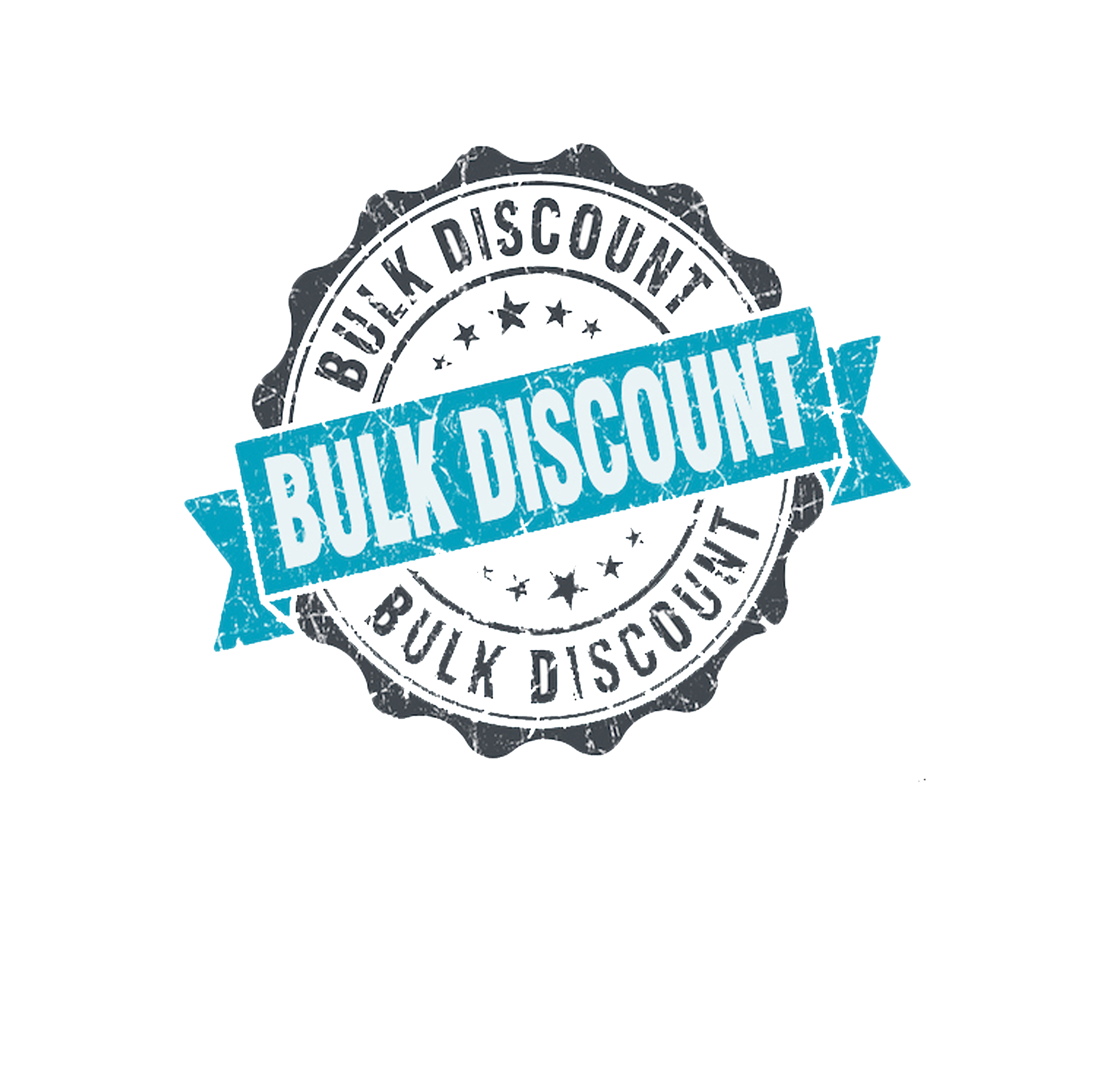 A black and white circular stamp featuring stars and text that reads "Bulk Discount" across the center in bold blue letters.
