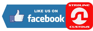 Facebook like button with text 'Like us on Facebook' and a Strbleine Customs logo.
