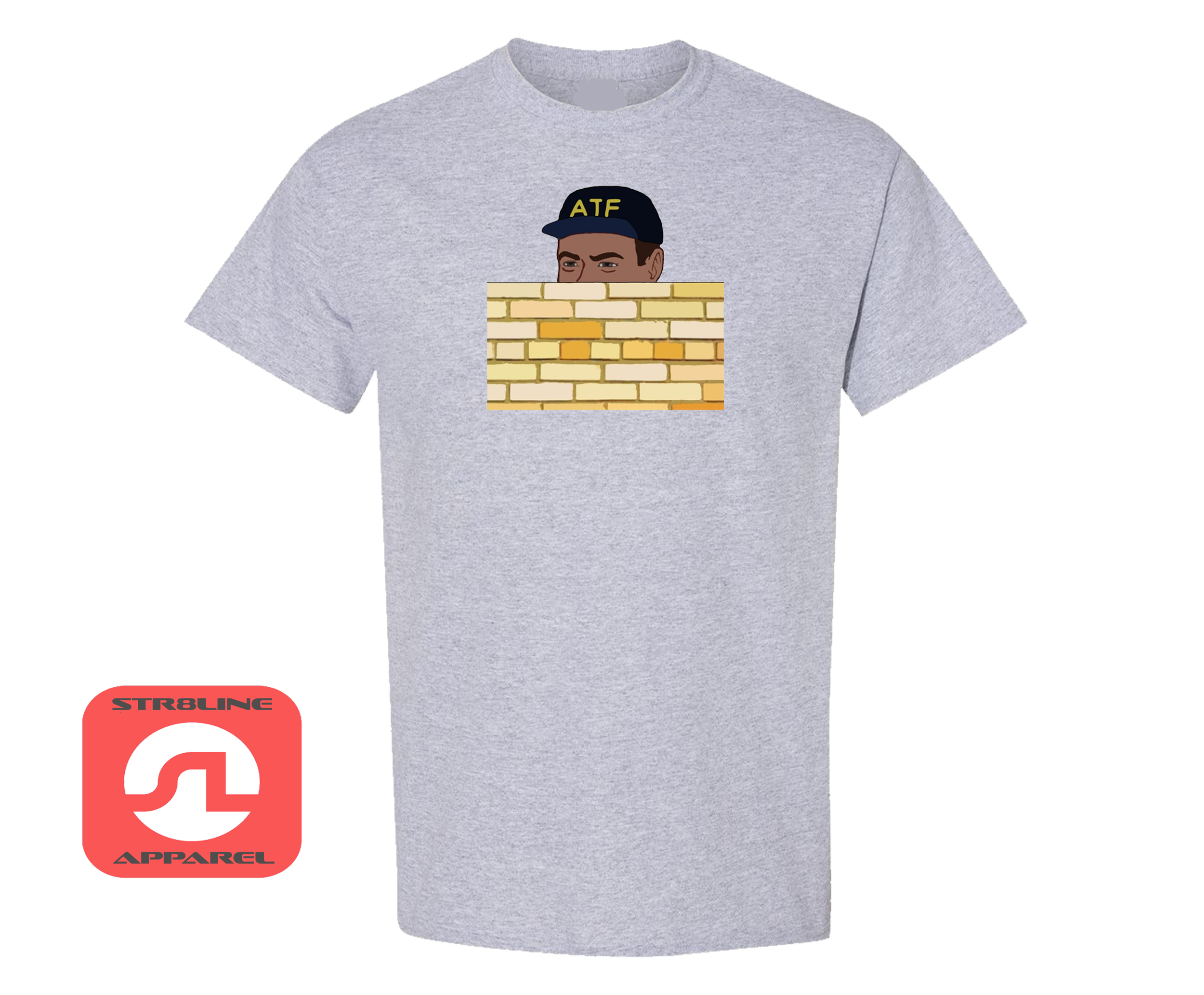 Gray T-shirt with a graphic of a man wearing a black cap labeled 'ATF', with only the top half of his face visible behind a brick wall on the shirt.