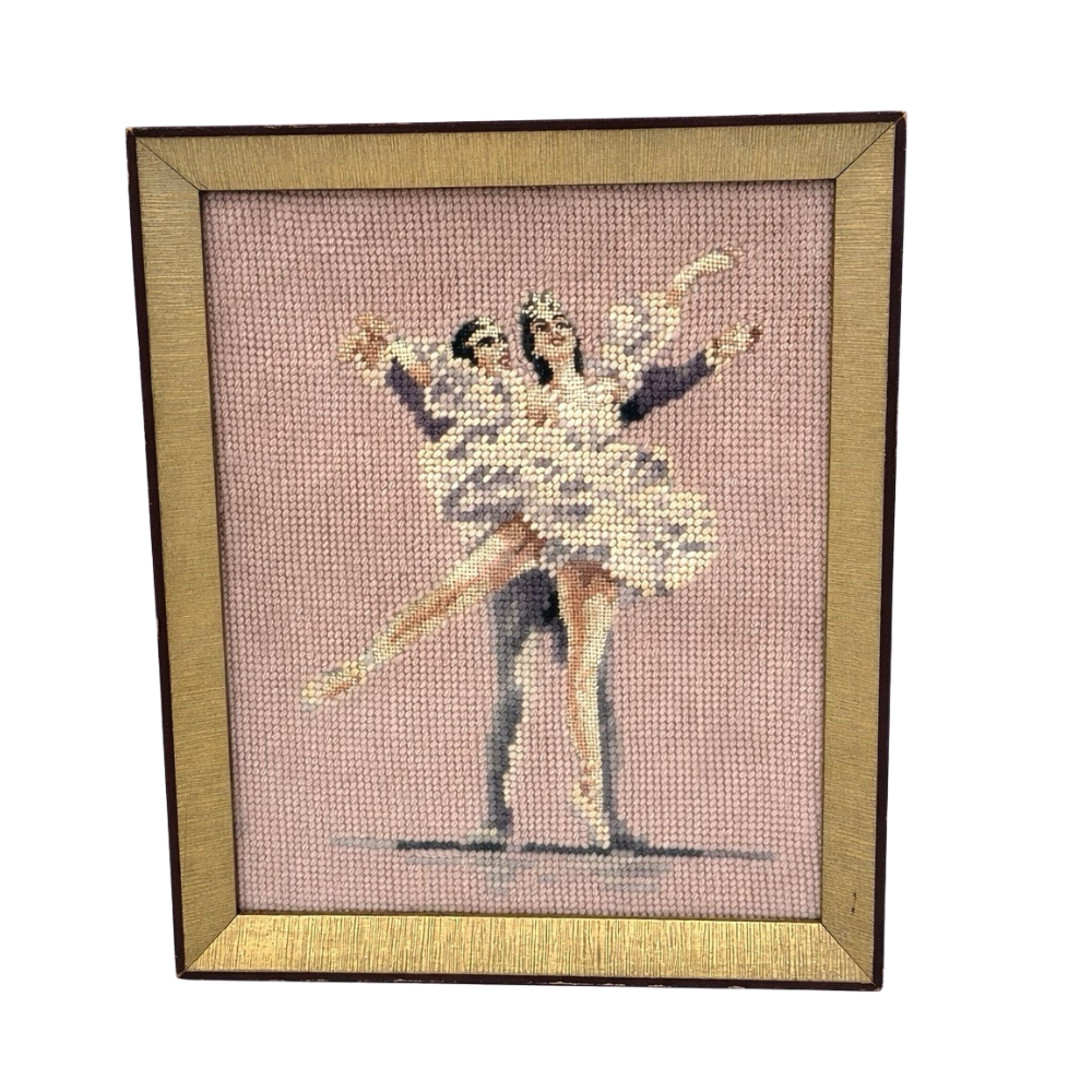 vtg needlepoint pink ballet art