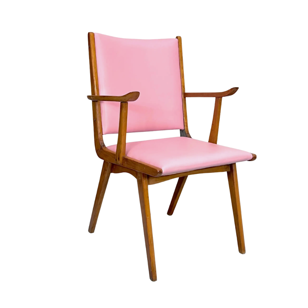 1950s italian wood &amp; pink leather chair