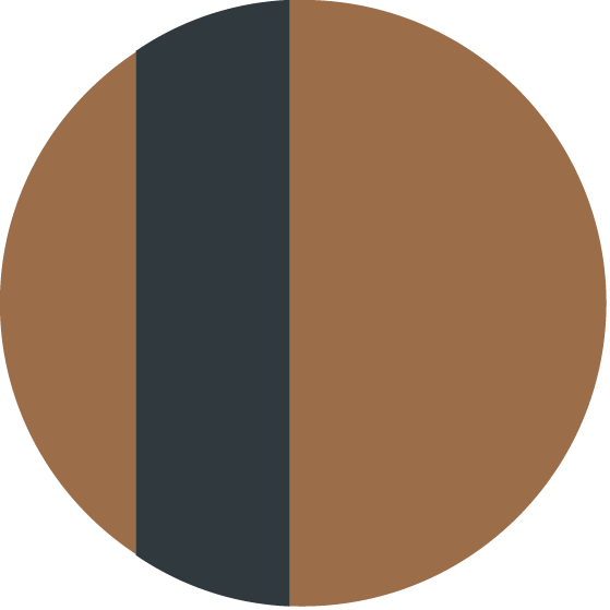 A circular navy blue and rust orange logo.