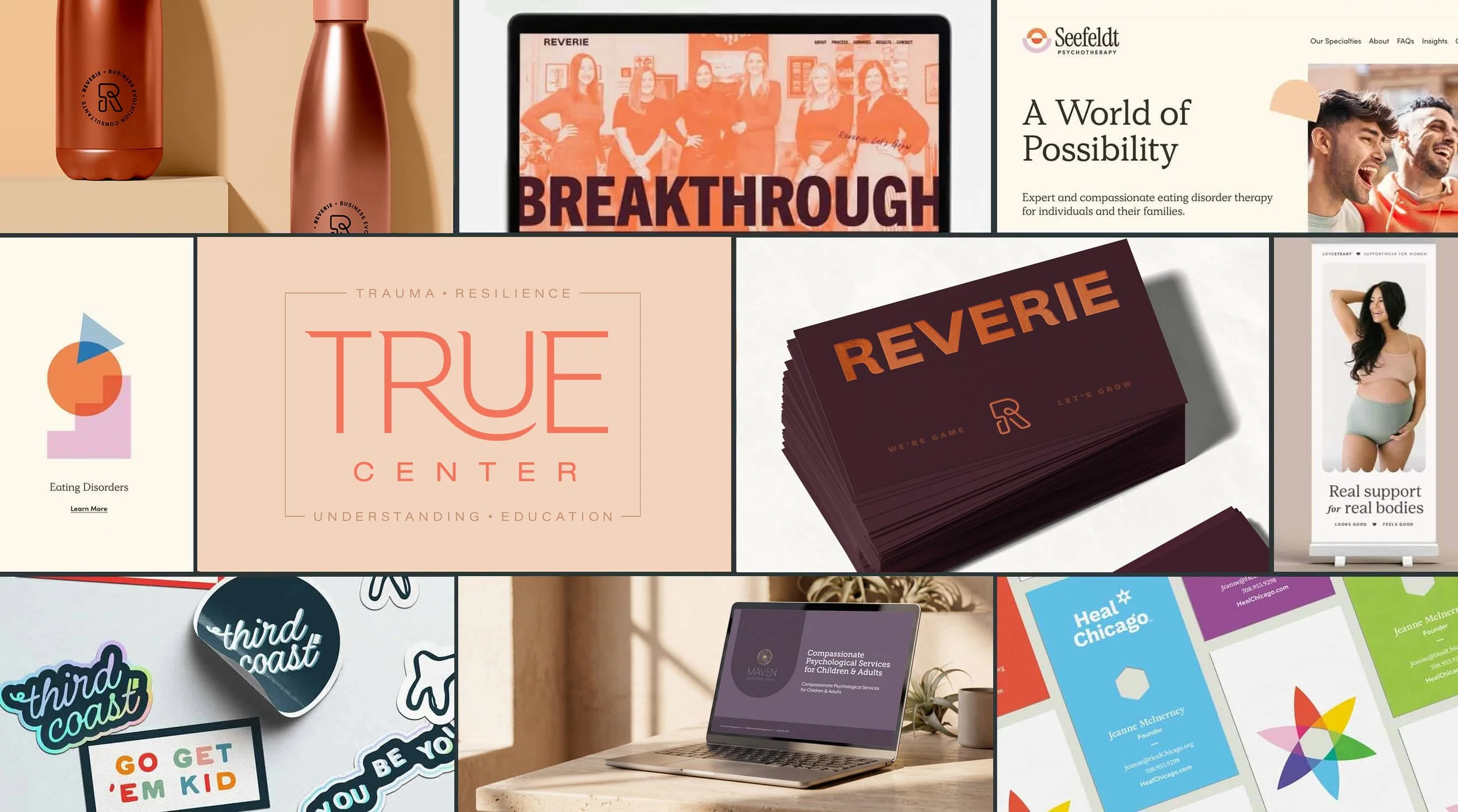 A montage of design examples for therapist branding websites