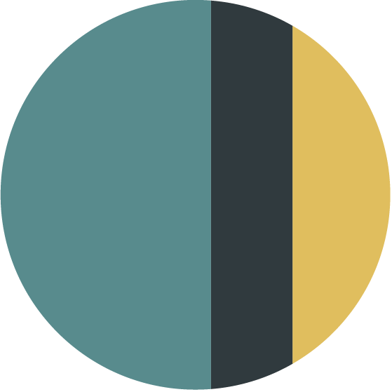 A circular navy blue, yellow, and teal logo.